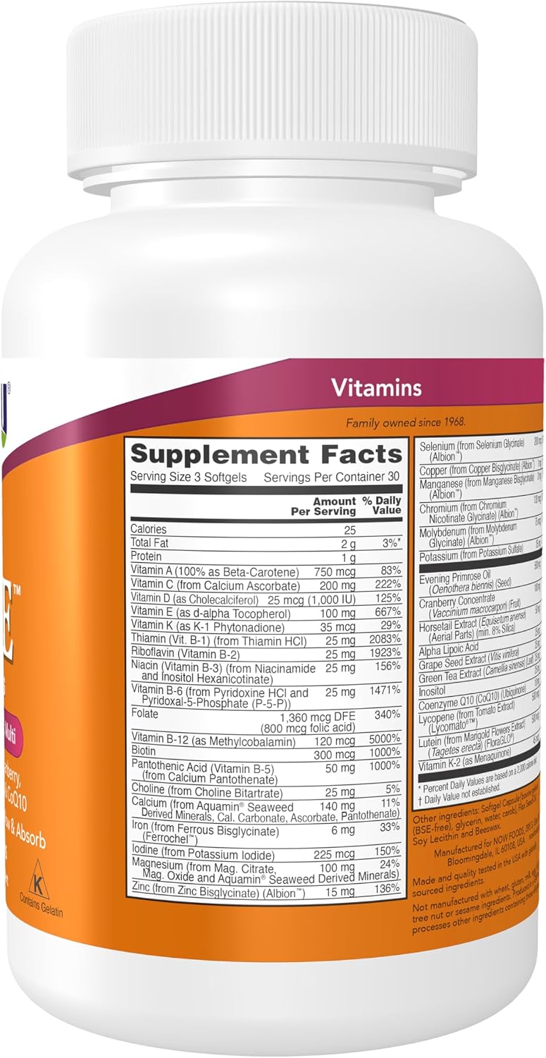NOW Foods Supplements, Eve™ Women's Multivitamin with Evening Primrose, Cranberry, Green Tea, Horsetail Silica and CoQ10, 90 Softgels