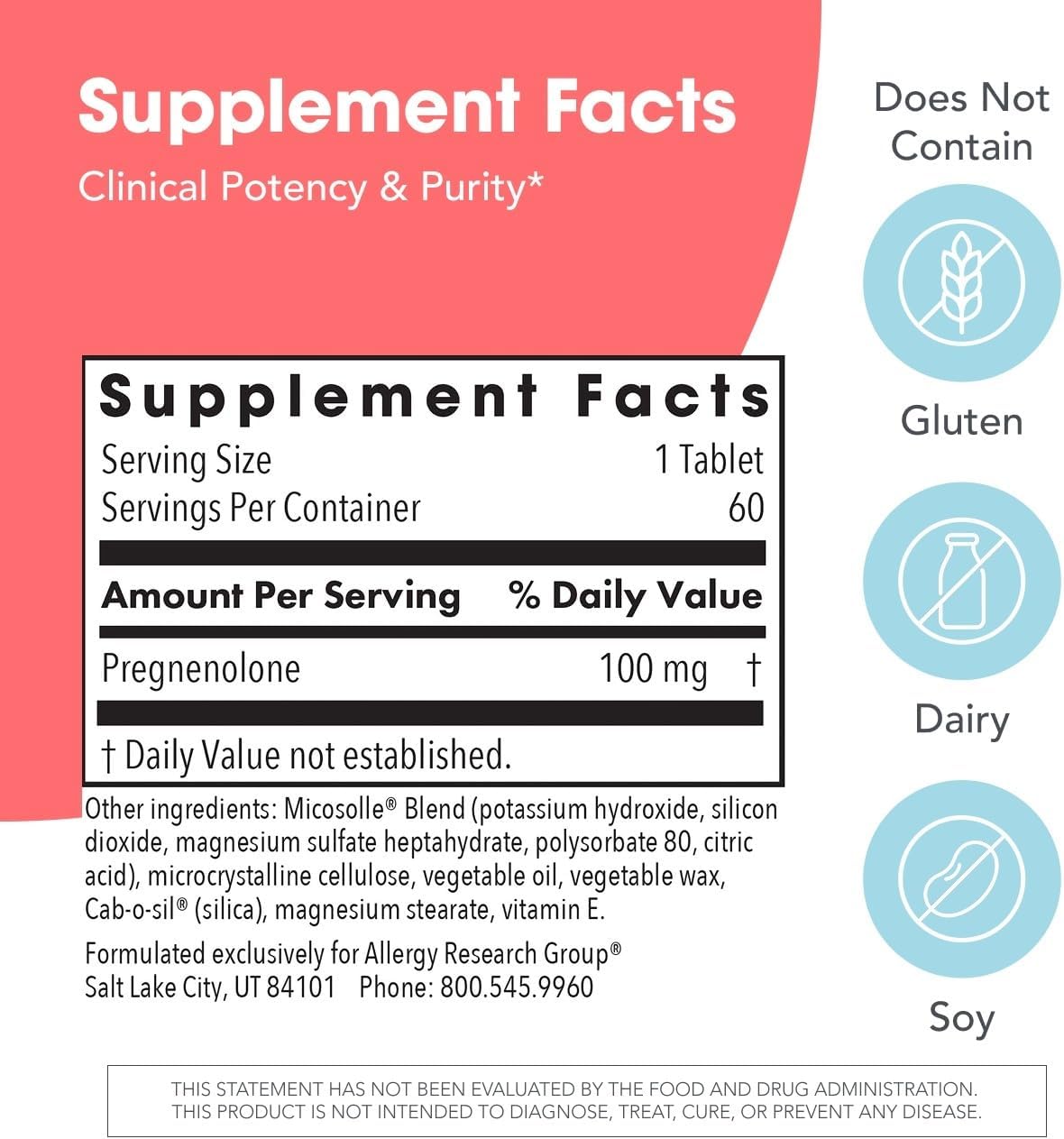 Allergy Research Group ARG Pregnenolone 100 mg - Micronized Hormone Precursor Support - Highly Bioavailable - Hypoallergenic - 60 Servings - 60 Scored Tablets - görsel 3
