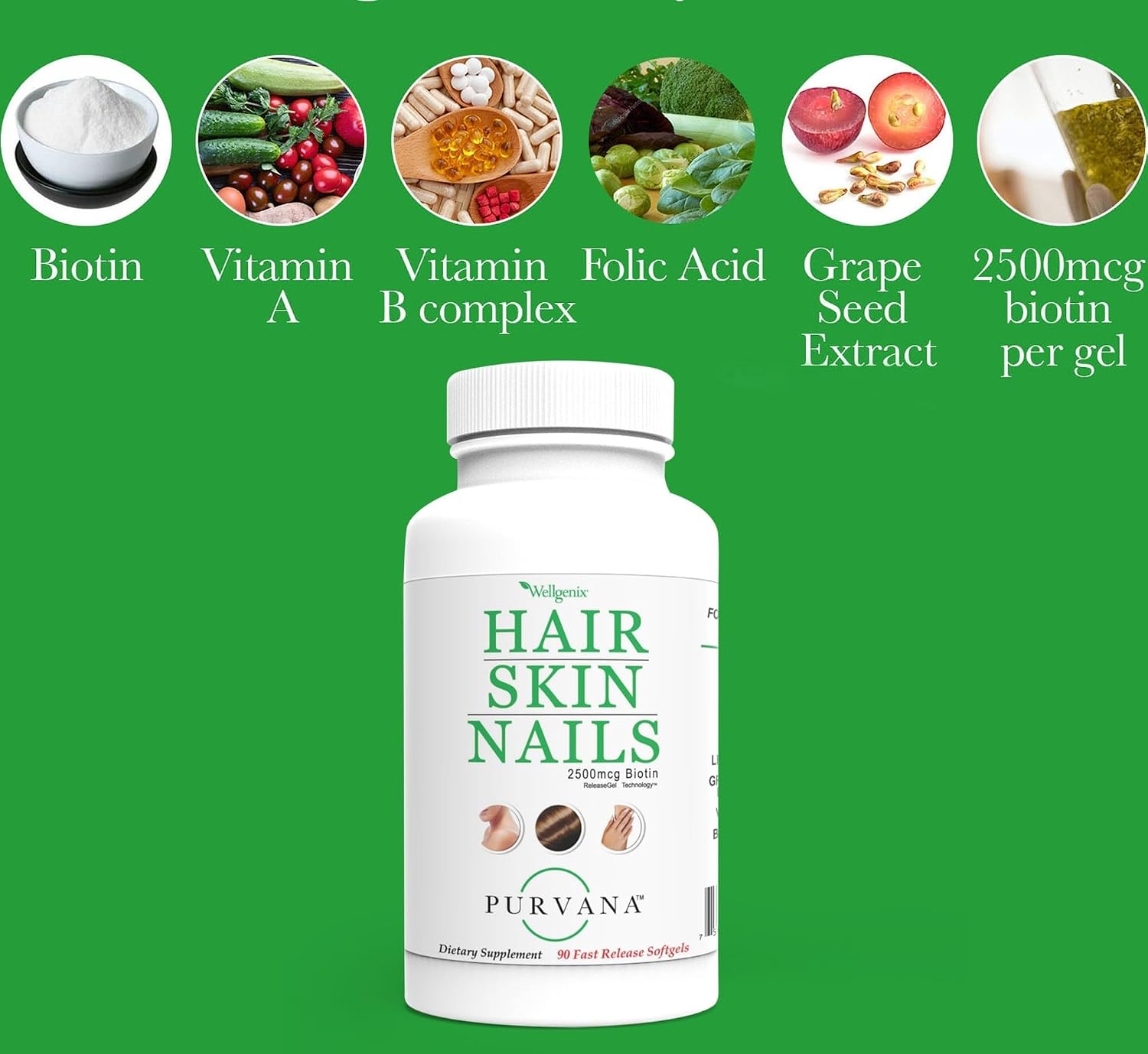 Wellgenix Purvana Hair, Skin and Nails Supplement – 2500mcg Biotin with MSM & B-Complex, 90 Softgels