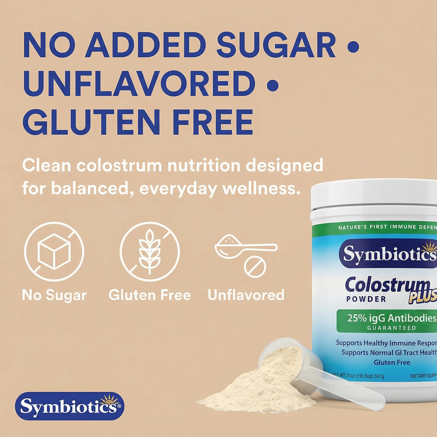 Symbiotics Colostrum Plus Powder - Immune & Muscle Recovery Support, 25% IgG Immunoglobulins, Unflavoured, Gluten Free, 595 g