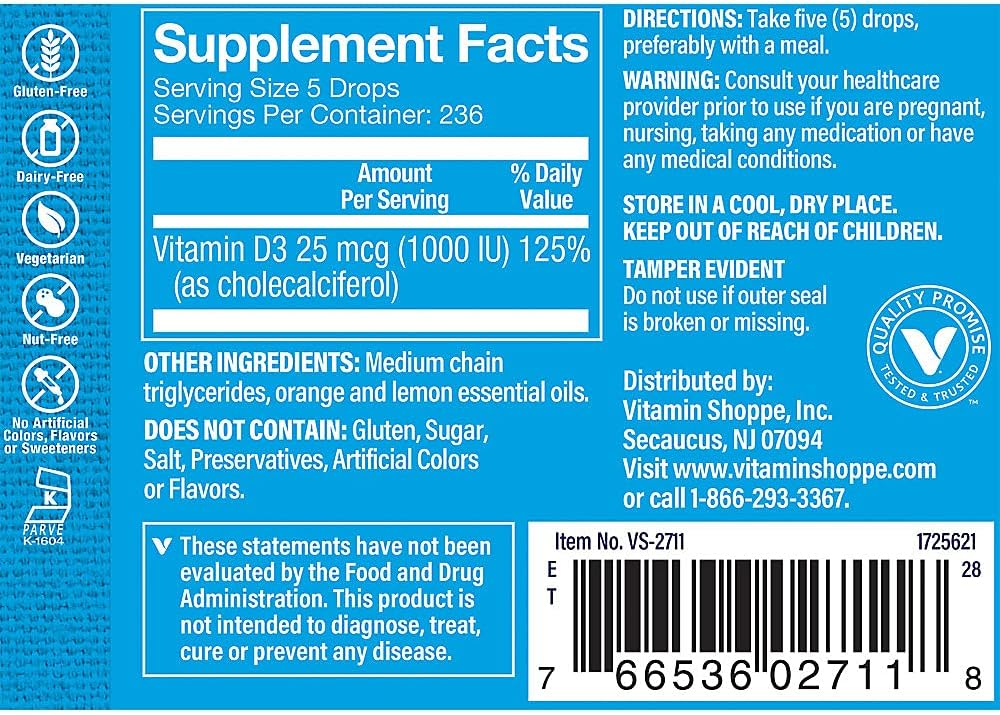 The Vitamin Shoppe Vitamin D3 1000 IU Liquid Drops – Citrus Flavour (30 mL)
