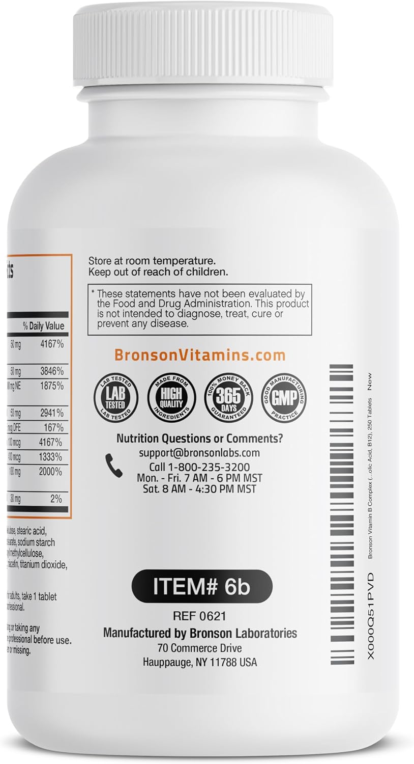 Bronson Vitamin B Complex – B1, B2, B3, B6, Folic Acid, B12 – 250 Tablets