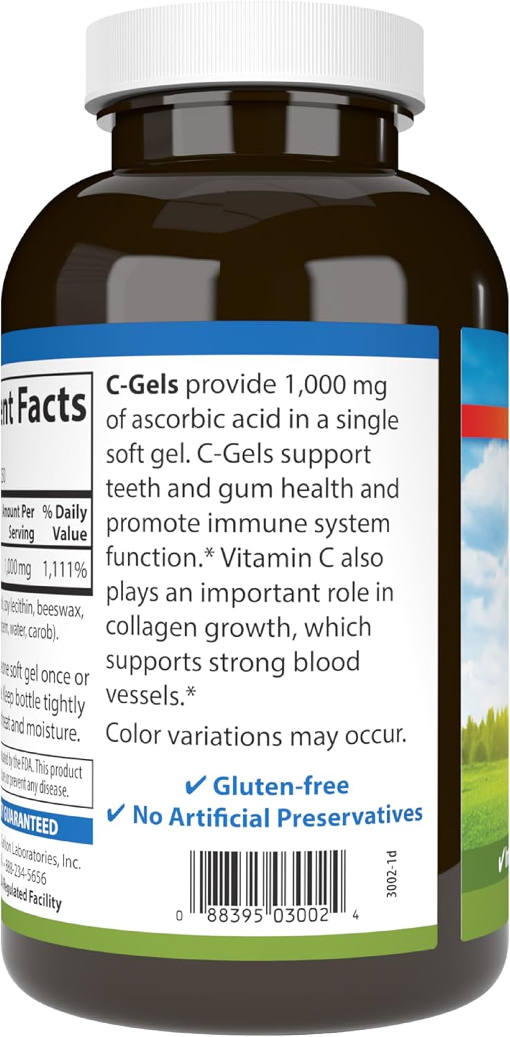 Carlson - C-Gels, 1000mg, Vitamin C Softgels, Immune Support & Cardiovascular Health, Antioxidant, Vitamin C Supplement, 250 Softgels