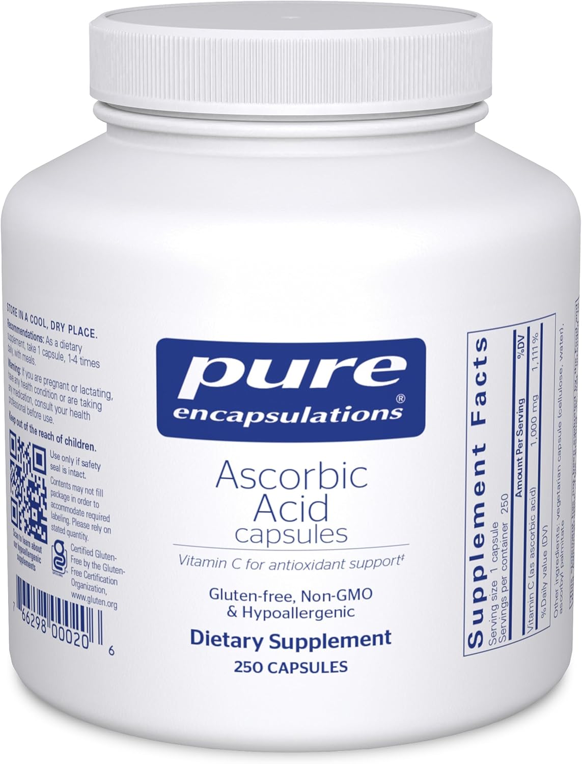 Pure Encapsulations Ascorbic Acid Capsules - 1000 mg Vitamin C - 250 Capsules