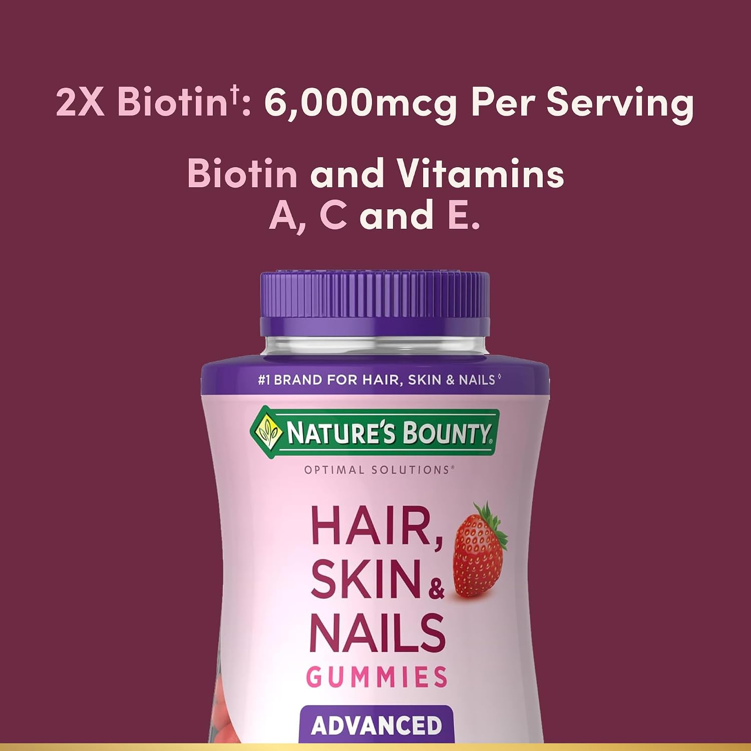 Nature's Bounty Optimal Solutions Advanced Hair, Skin and Nails, 2X Biotin, 80 Strawberry Gummies, 40 Servings