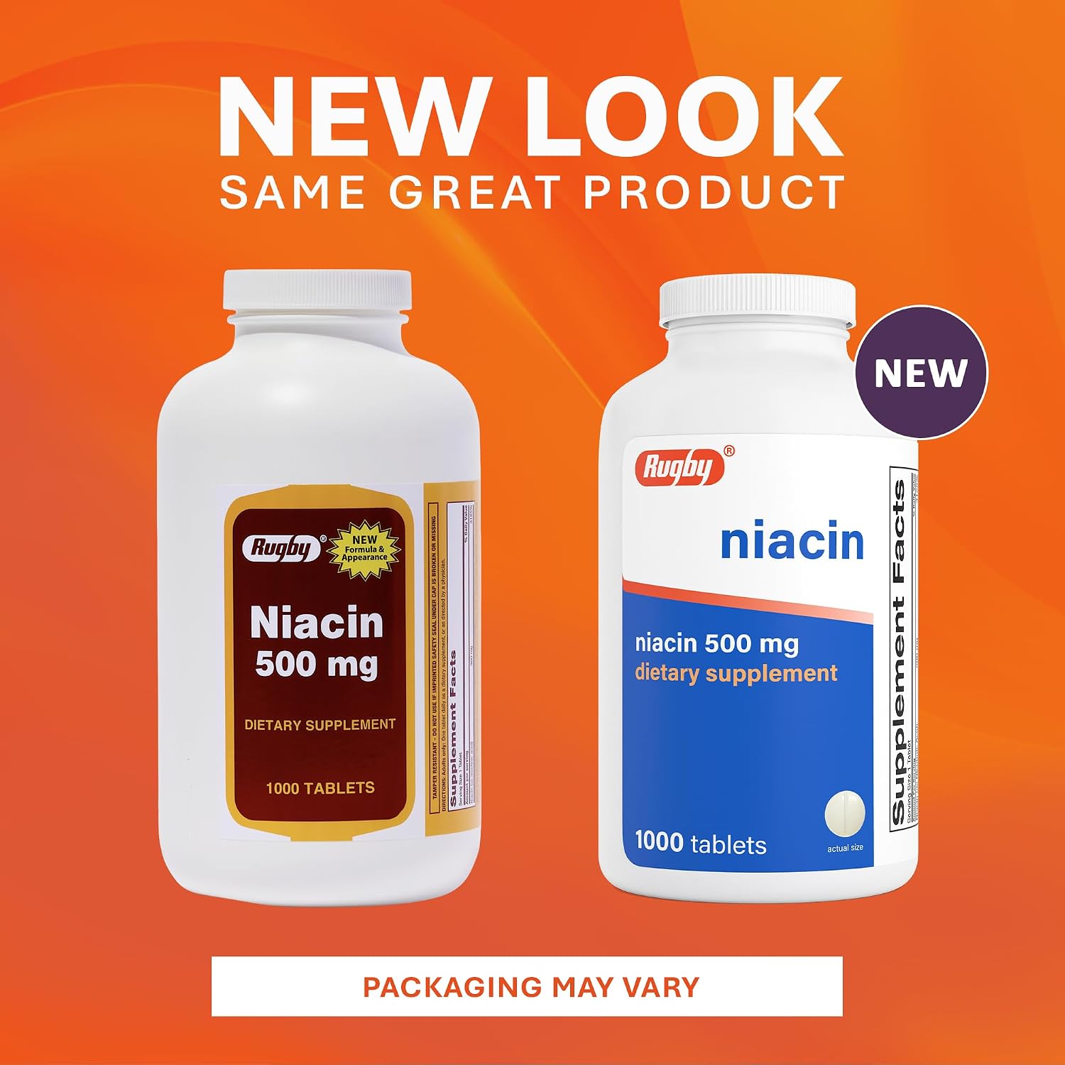 Rugby Niacin 500 mg – Vitamin B3 Supplement, 1000 Tablets
