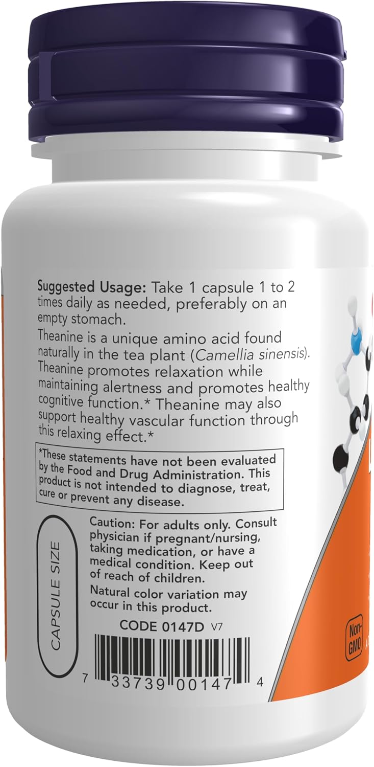 NOW Foods L-Theanine 200 mg with Inositol, 60 Veg Capsules