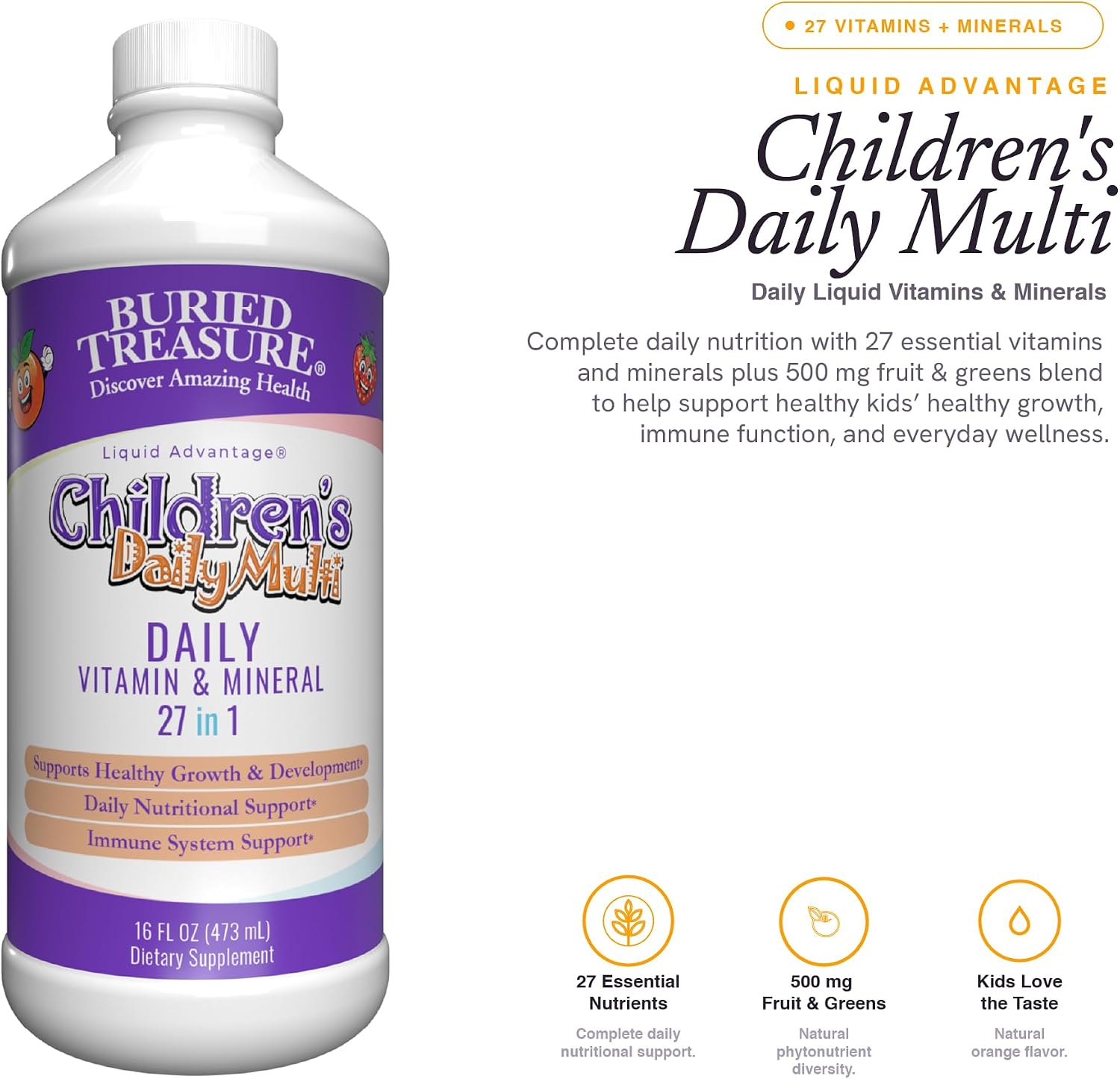 Buried Treasure Children’s Daily Liquid Multivitamin – 27 Vitamins & Minerals with SuperFood Blend – Sugar-Free, Vegan, Orange Mango Flavour, 473 mL