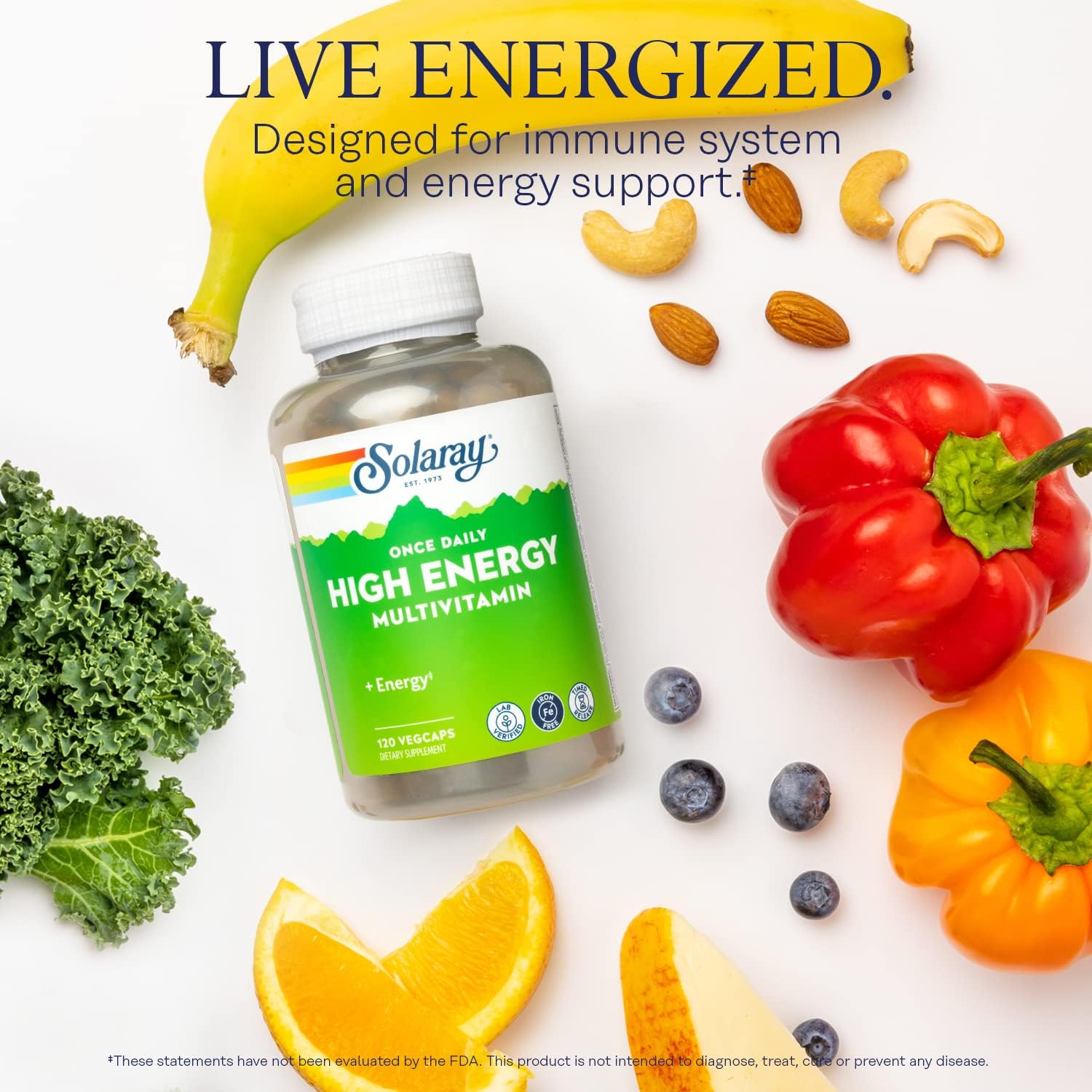 SOLARAY High Energy Multivitamin, No Iron, Timed-Release, Whole Food and Herb Base, 120 VegCaps