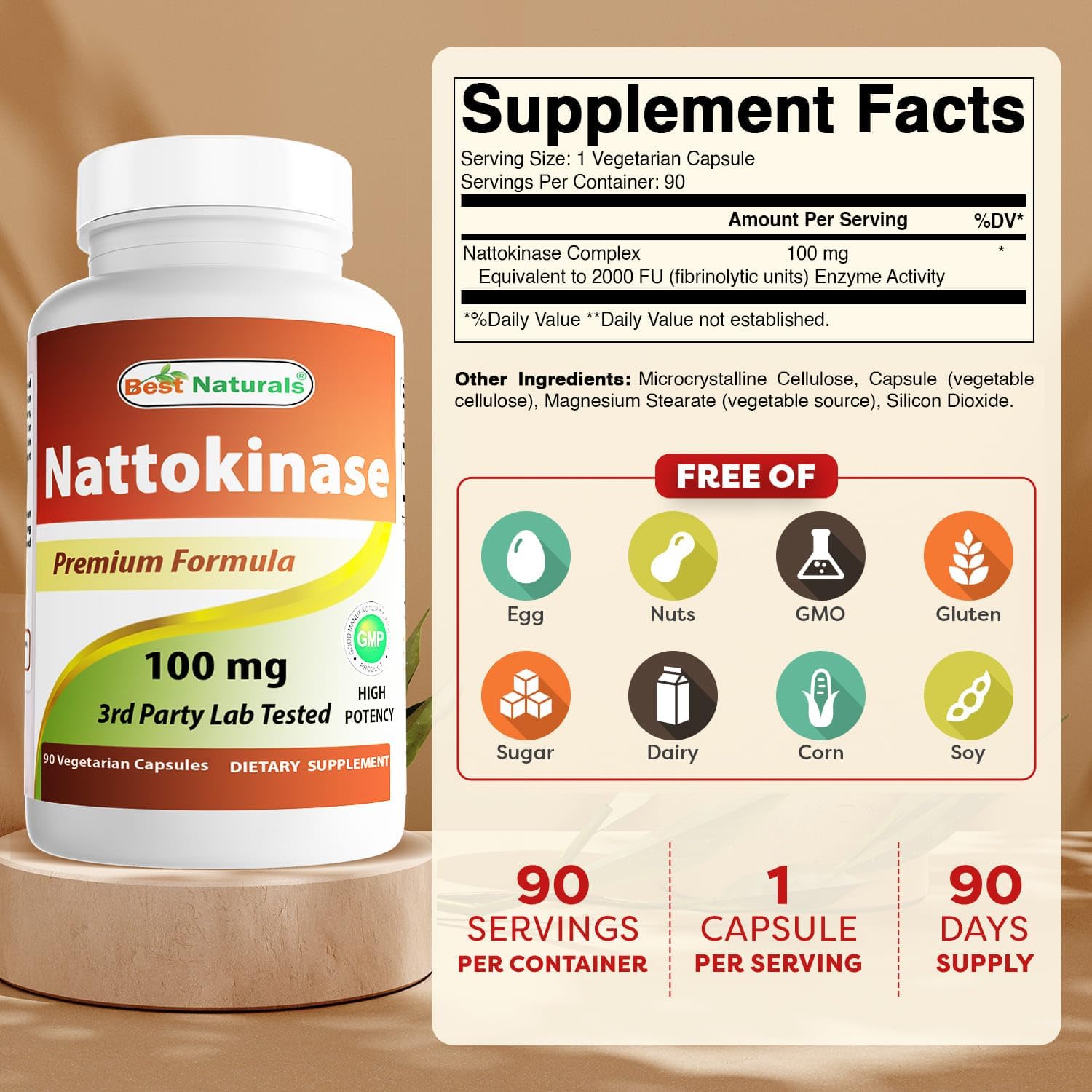 Best Naturals Nattokinase 2000 FU, 100 mg, 90 Vegetarian Capsules