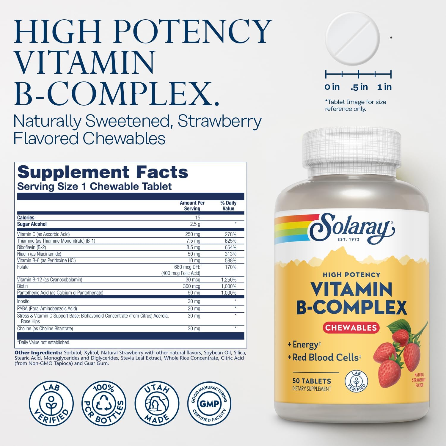 SOLARAY Vitamin B-Complex Chewables – Strawberry Flavour – Energy & Stress Support – 50 Tablets