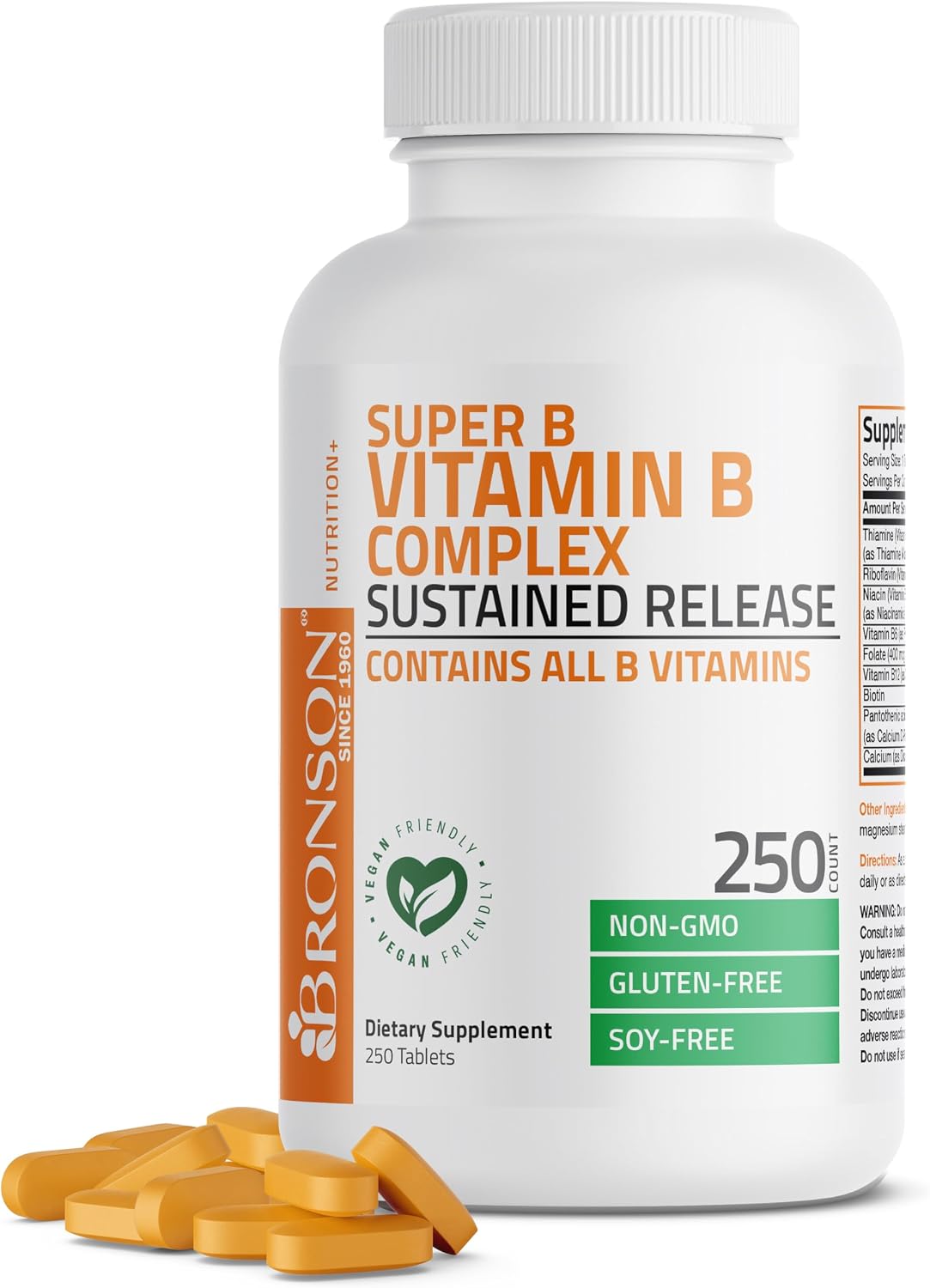 Bronson Super B Vitamin B Complex - Sustained Slow Release, 250 Tablets