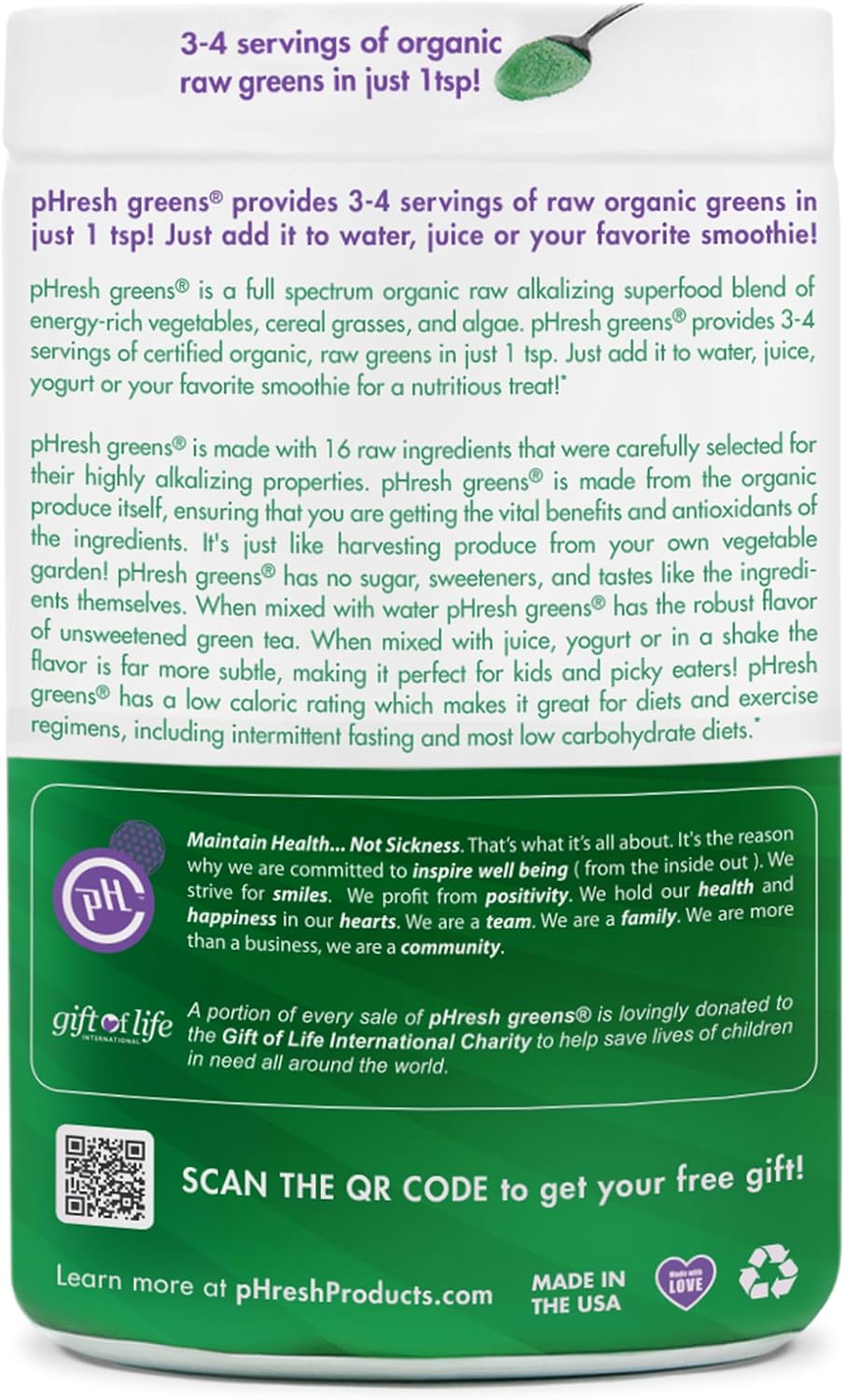 pHresh Greens Raw Alkalising Superfood Greens Powder - 2 Month Supply - Vegan, Kosher, Gluten Free