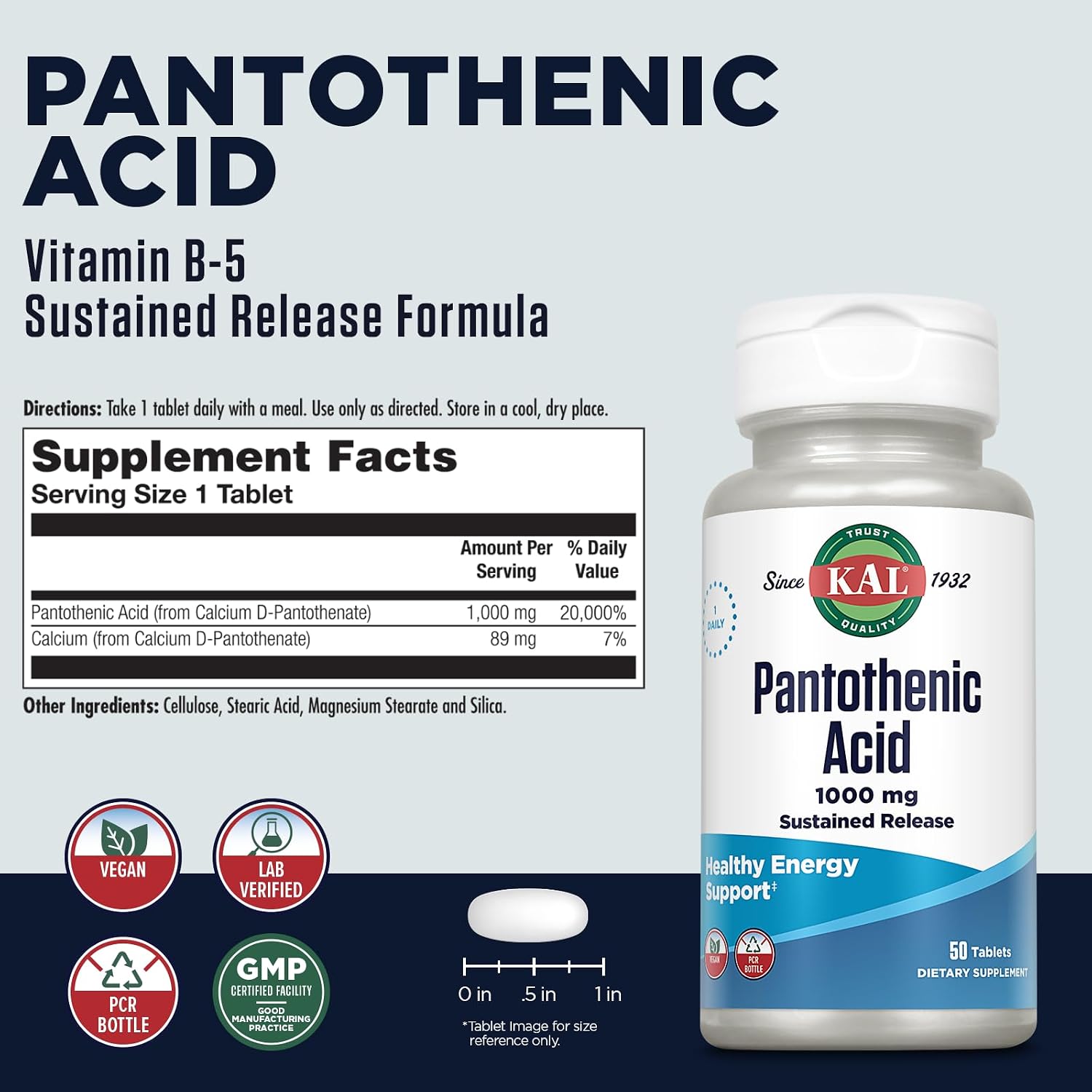 KAL Pantothenic Acid 1000 mg – Sustained Release Vitamin B5 (Vegan, 50 Tablets)