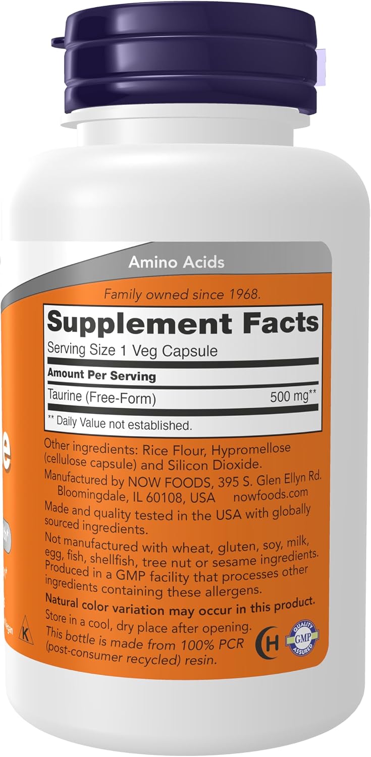 NOW Supplements, Taurine 500 mg, Nervous System Health, Amino Acid, 100 Veg Capsules