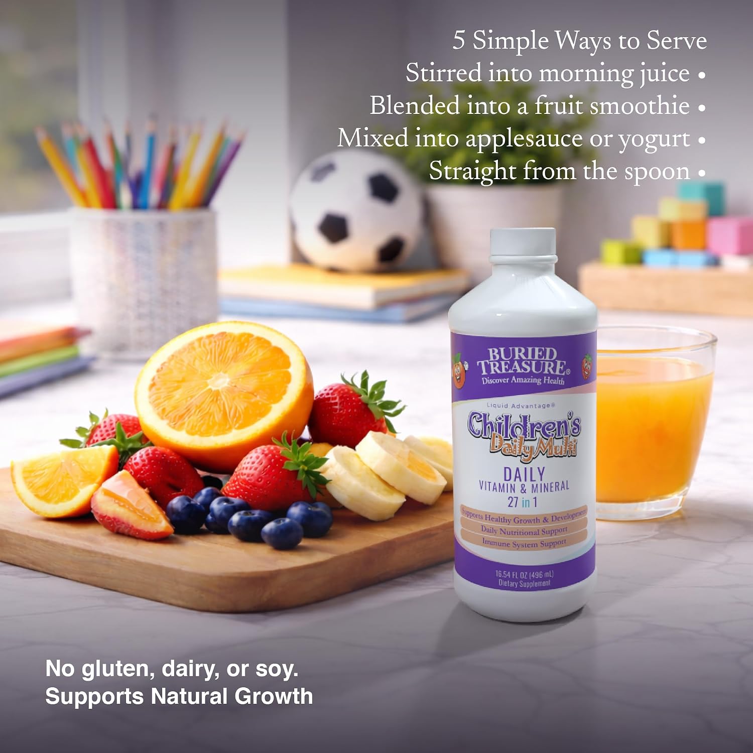 Buried Treasure Children’s Daily Liquid Multivitamin – 27 Vitamins & Minerals with SuperFood Blend – Sugar-Free, Vegan, Orange Mango Flavour, 473 mL