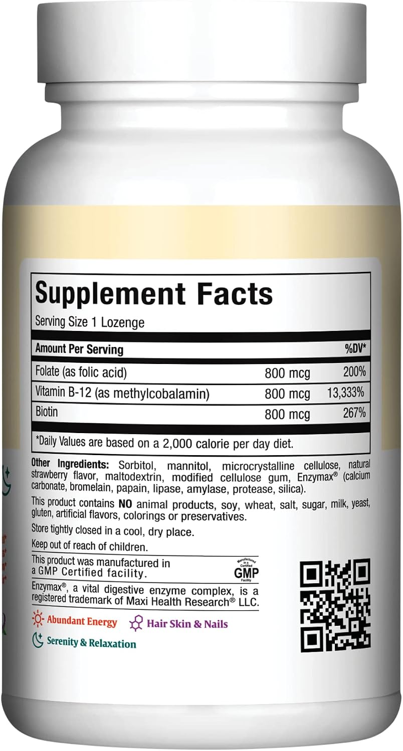 Vitamin B12 Lozenges with Folic Acid and Biotin - Sublingual Strawberry - 360 Lozenges
