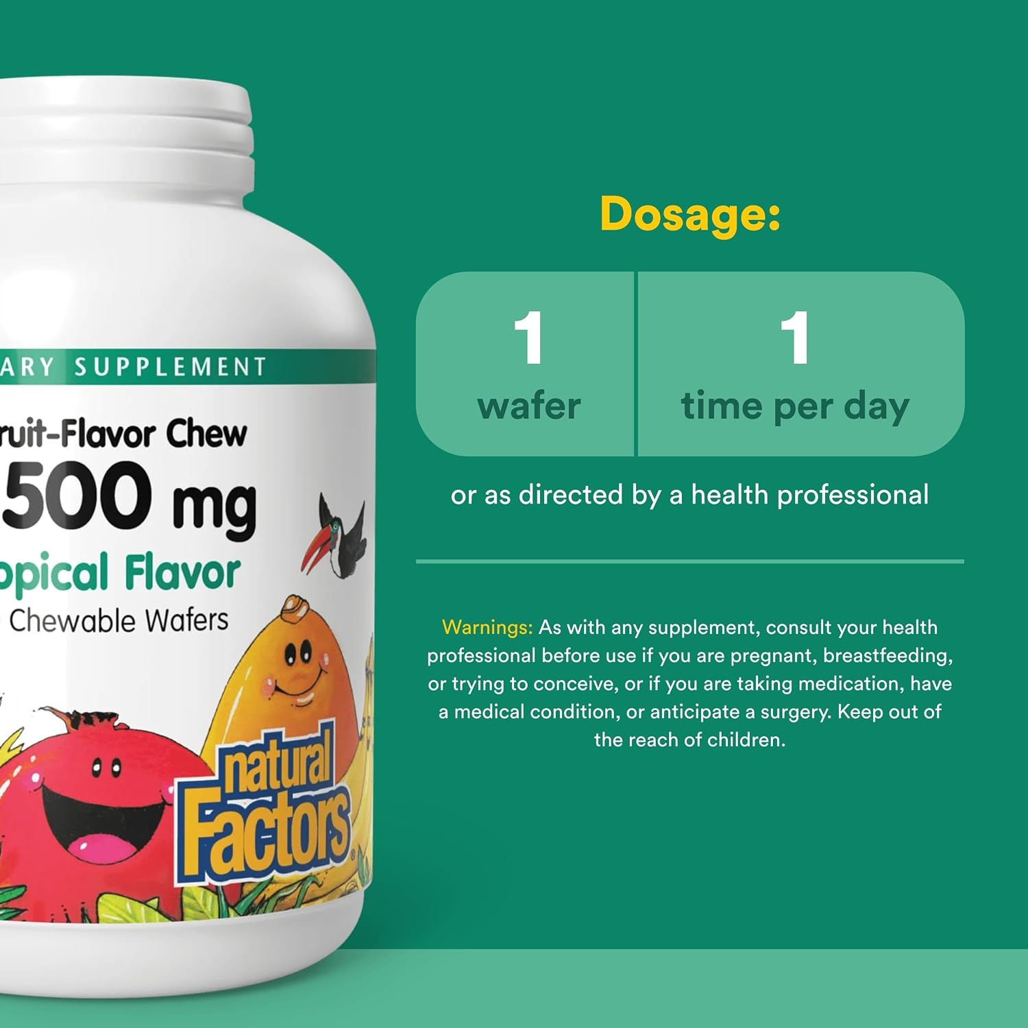 Natural Factors Vitamin C 500 mg Chewable Wafers for Children - Tropical Flavour - 90 Wafers