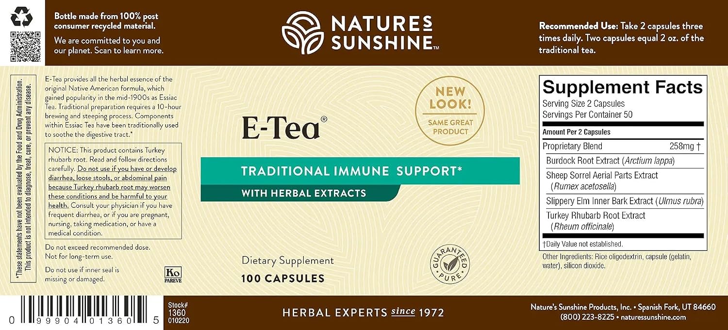 Nature's Sunshine E-Tea Capsules – Essiac Tea Herbal Supplement for Immune and Digestive Support