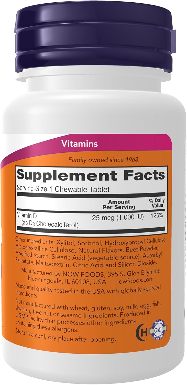 NOW Foods Supplements, Vitamin D-3 1,000 IU, Natural Fruit Flavour, Structural Support*, 180 Chewables