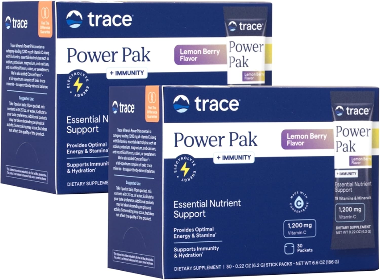 Trace Minerals Power Pak Multivitamin and Electrolyte Packets - 1200 mg Vitamin C with 70+ Trace Minerals - Cranberry Flavour - 30 Packets