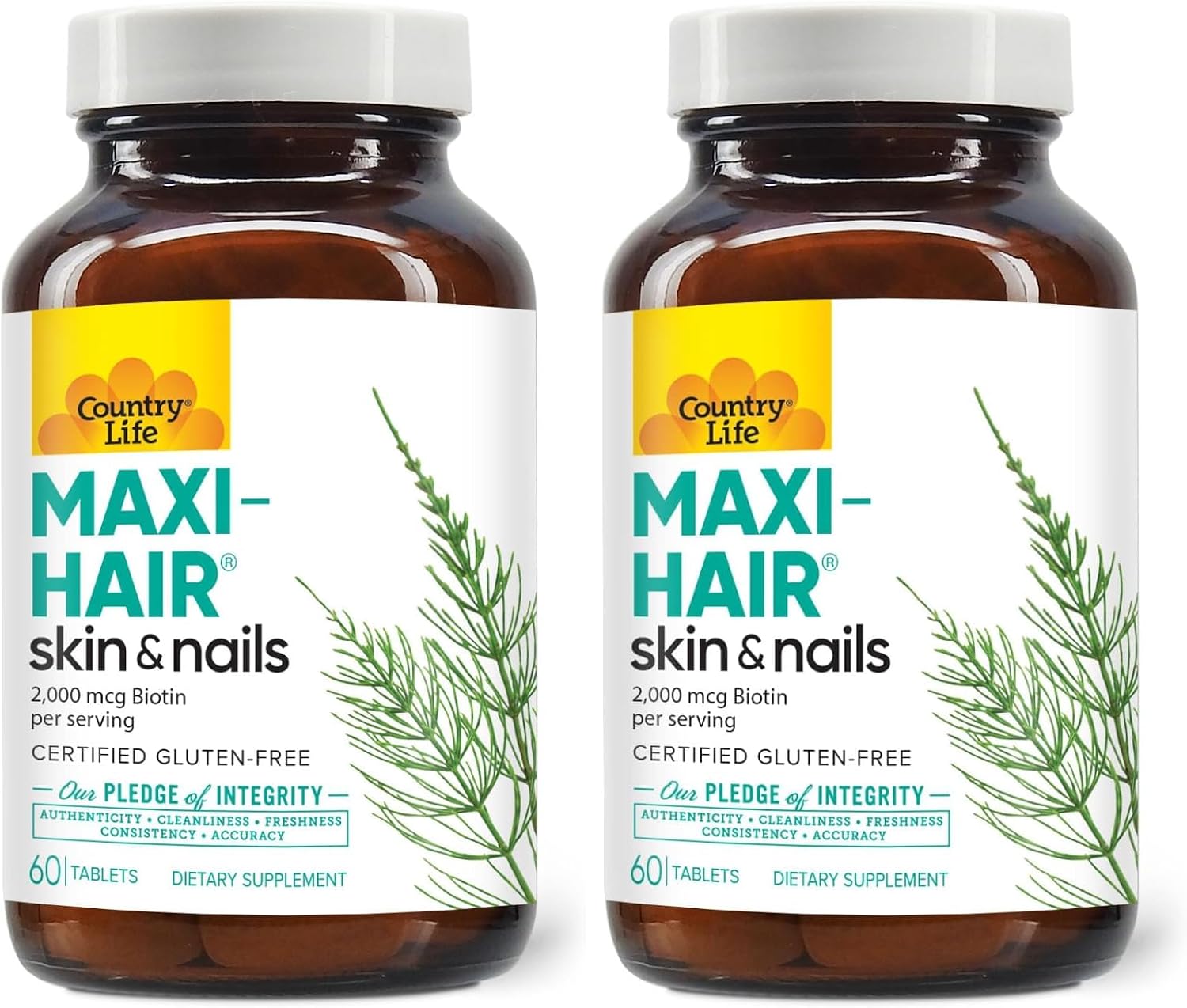 Country Life Maxi-Hair Supplement - 2000mcg Biotin for Hair, Skin and Nails - Certified Gluten-Free & Vegetarian - 60 Tablets
