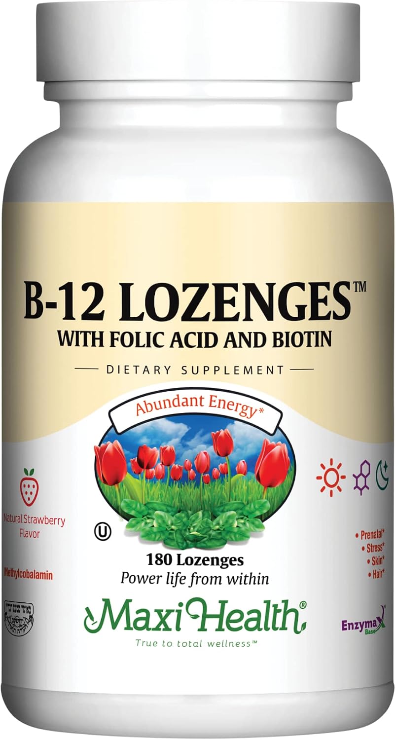 Maxi Health Vitamin B12 Lozenges with Folic Acid & Biotin - Sublingual, Strawberry Flavour - 90 Count