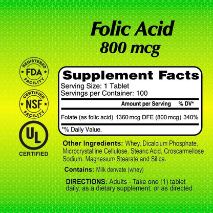 ALFA VITAMINS Folic Acid 800 mcg Supplement, 100 Tablets