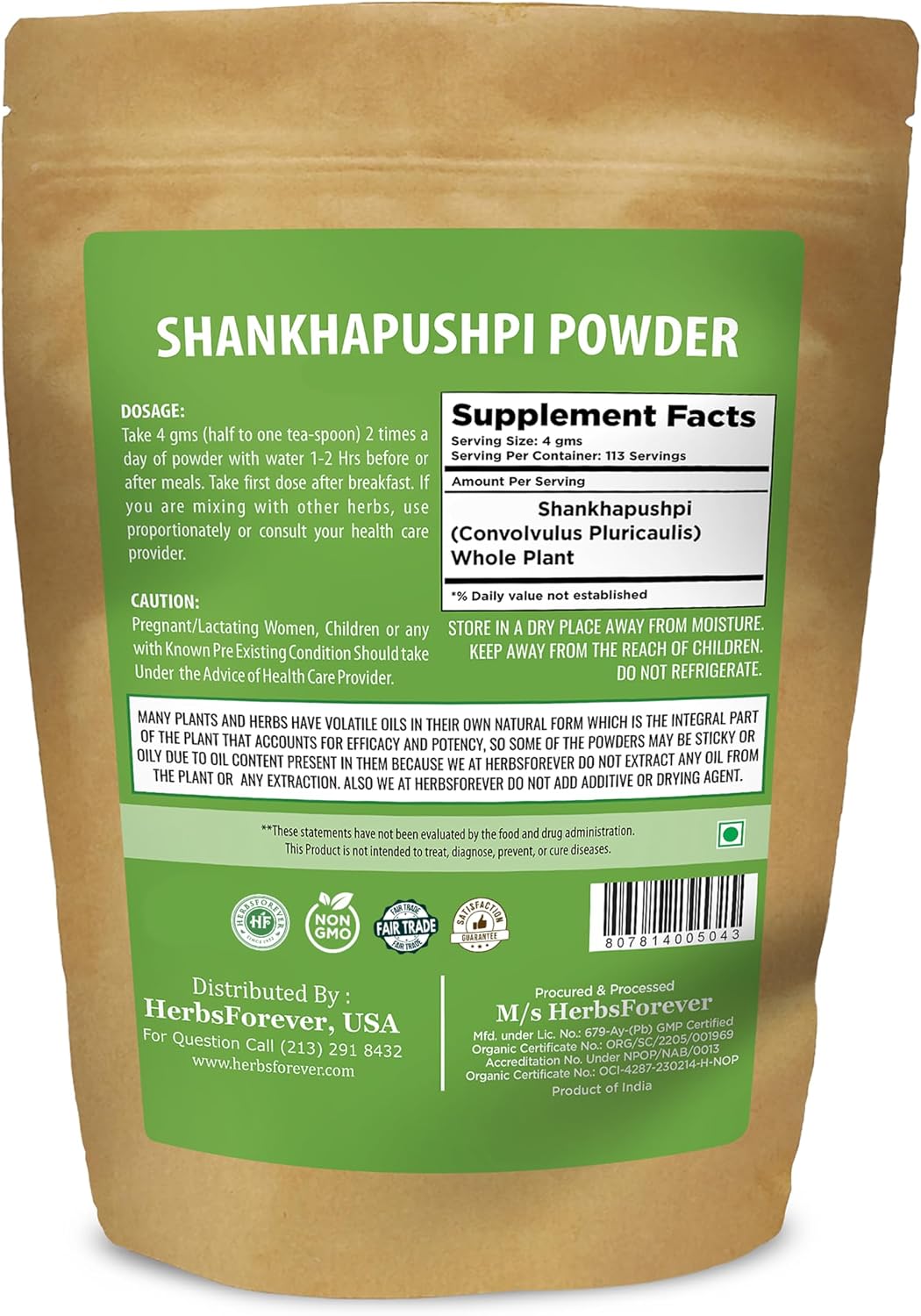 HerbsForever Shankhpushpi (Convolvulus Pluricaulis) Whole Plant Powder - 454 g (16 oz)