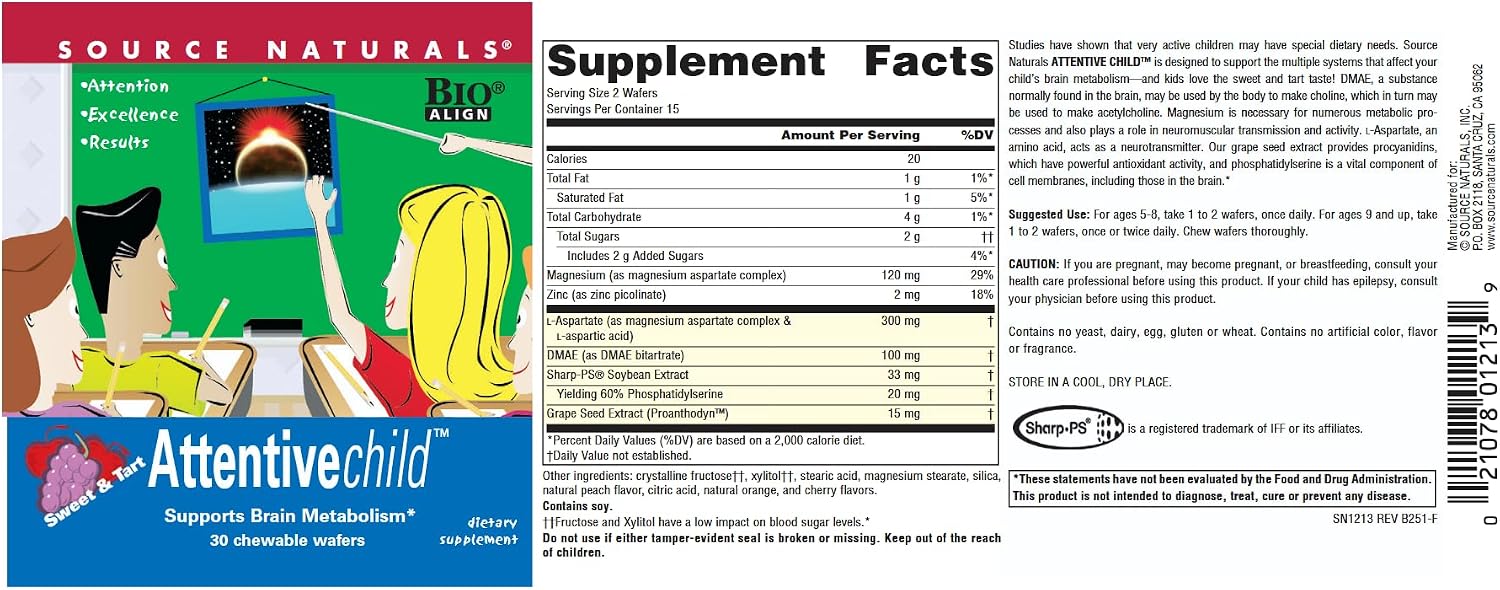 Source Naturals Attentive Child Chewable Wafers – Brain Metabolism Support, 30 Fruit Wafers