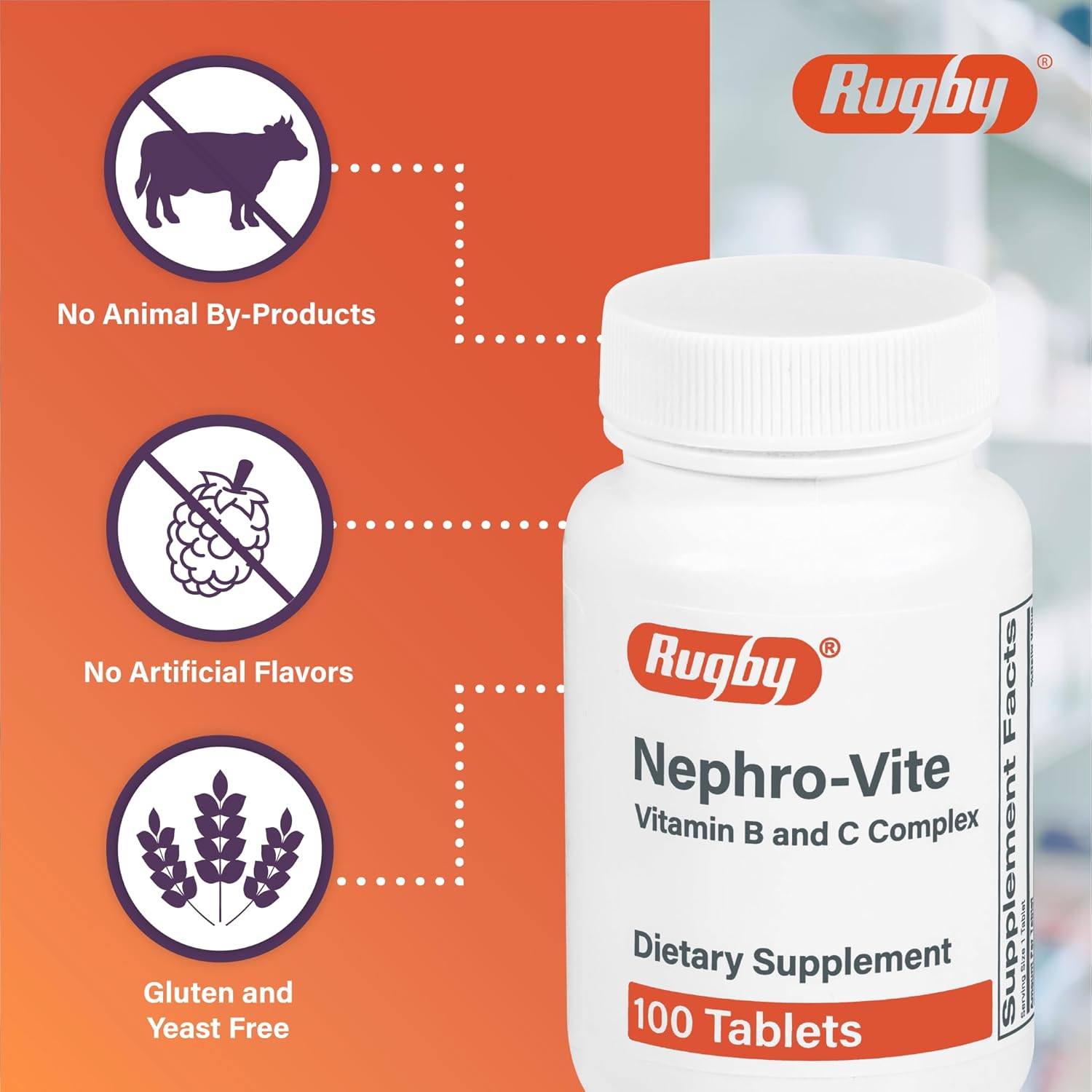 Rugby Nephro-Vite Vitamin B and C Complex Tablets, 100 Tablets