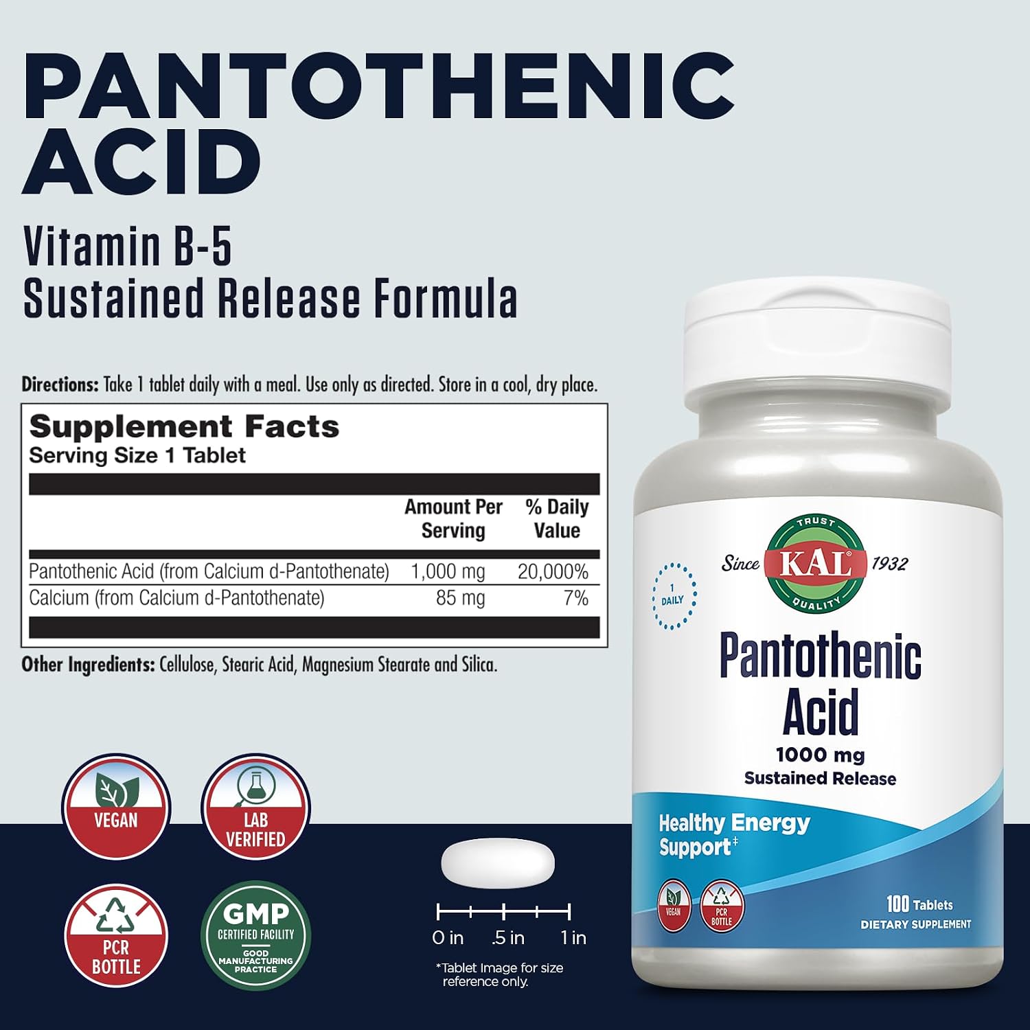 KAL Pantothenic Acid 1000 mg - Vitamin B5 Sustained Release Tablets, Vegan - 100 Tablets