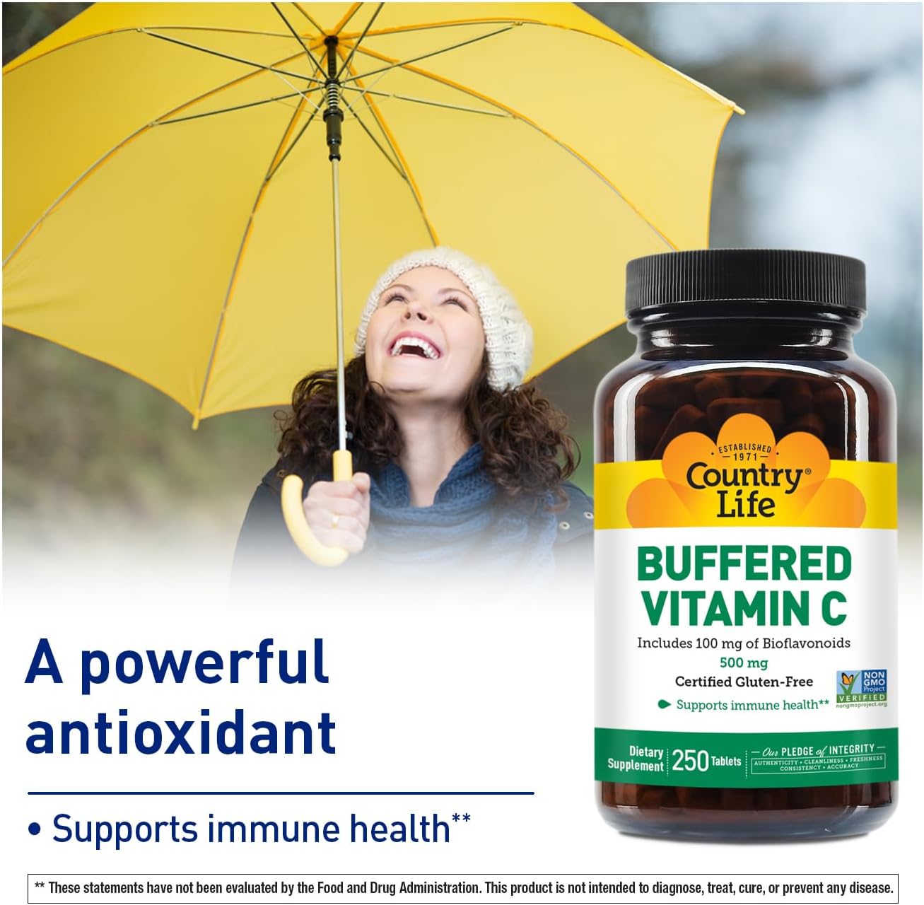 Country Life Vitamin C Buffered with Bioflavonoids - 500 mg - 250 Tablets - Gluten-Free & Vegan