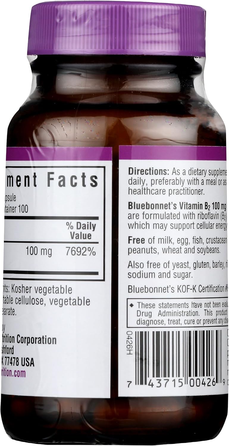 Bluebonnet Nutrition Vitamin B2 100 mg - Riboflavin Supplement for Energy Metabolism & Nervous System Function, Non-GMO, Vegan, 100 Veg Caps