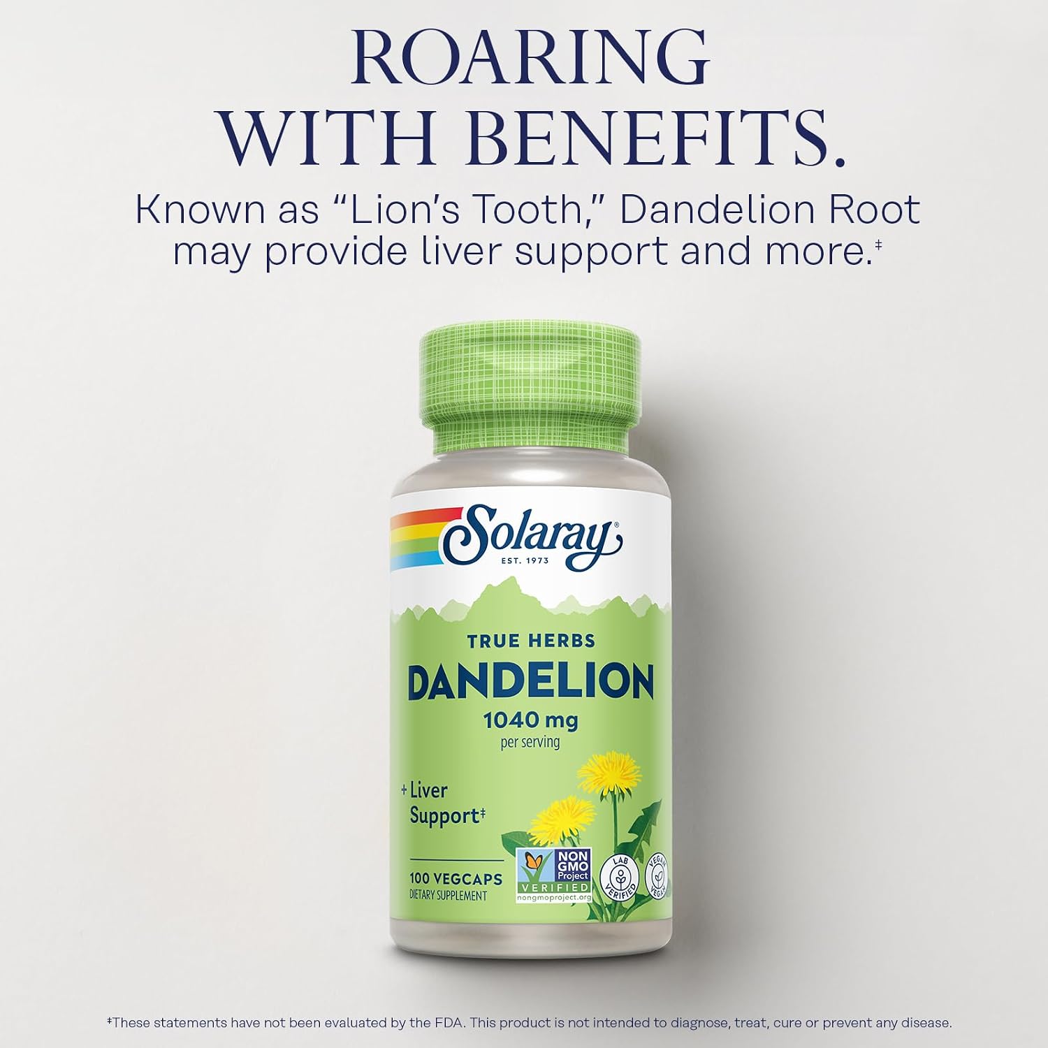 SOLARAY Dandelion Root Supplement – Healthy Kidney and Liver Support – 1,040 mg per Serving – Vegan, Lab Verified – 100 VegCaps