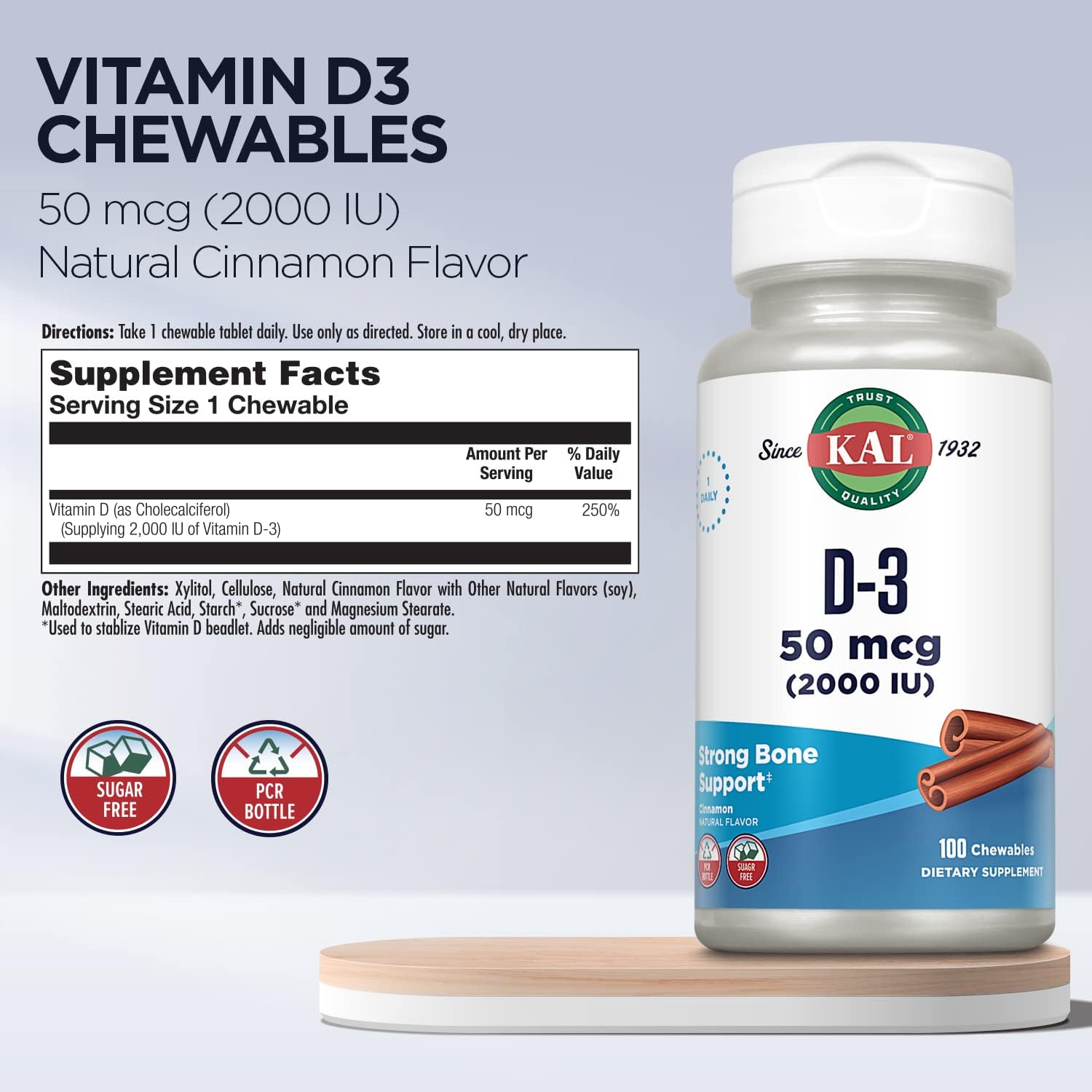 KAL Vitamin D3 Chewables - 2000 IU (50 mcg) - Sugar Free Natural Cinnamon Flavour - 100 Chewables