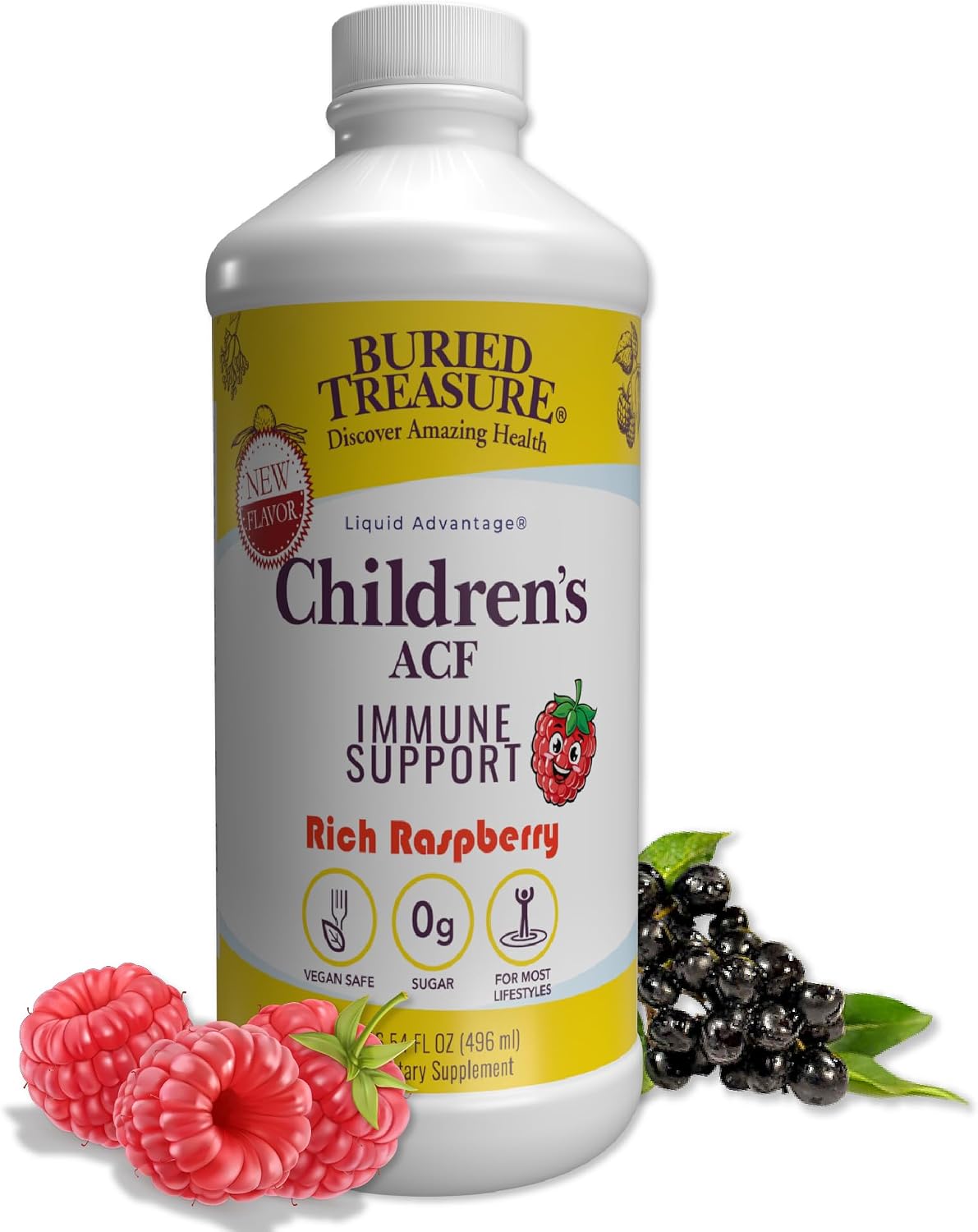 Buried Treasure Children's ACF Liquid Immune Support - Elderberry & Echinacea - Raspberry - Sugar-Free - 16 oz