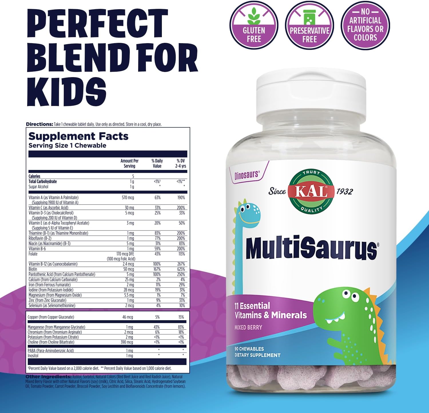 KAL MultiSaurus Kids Complete Multivitamin - Daily Multivitamin with Iron, Mixed Berry Flavour, 90 Chewables