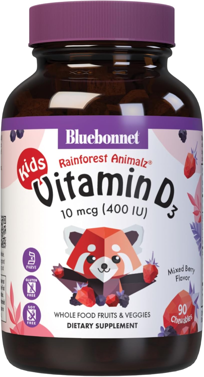 Bluebonnet Nutrition Rainforest Animalz Vitamin D3 400 IU Chewable Tablets, Natural Mixed Berry Flavour, 90 Count