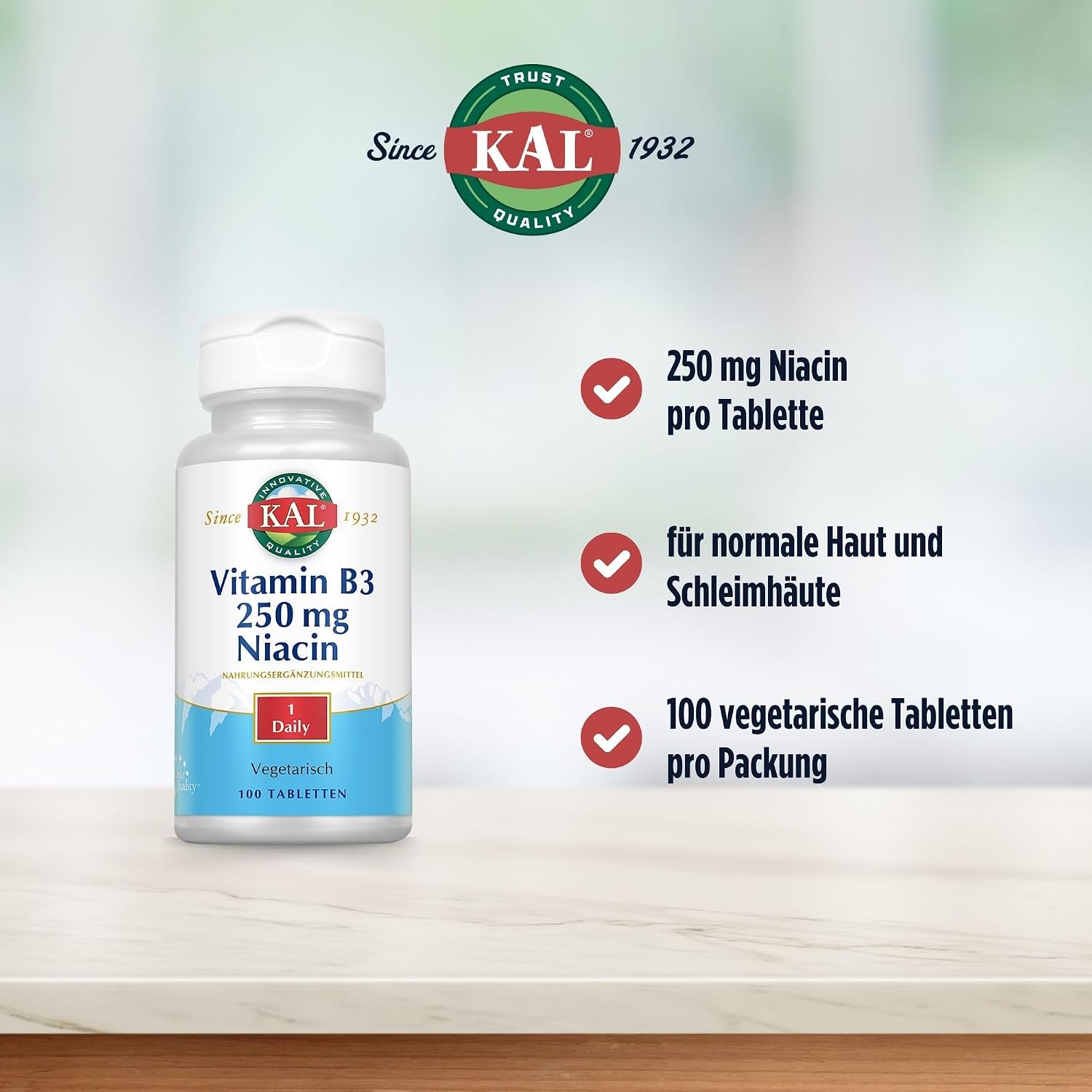 Kal 250 mg Niacin Tablets, 100 Count