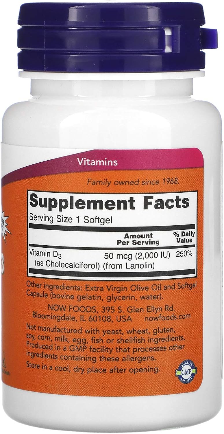 NOW Foods Vitamin D-3 50 mcg (2,000 IU) 240 Softgels (3 Pack)