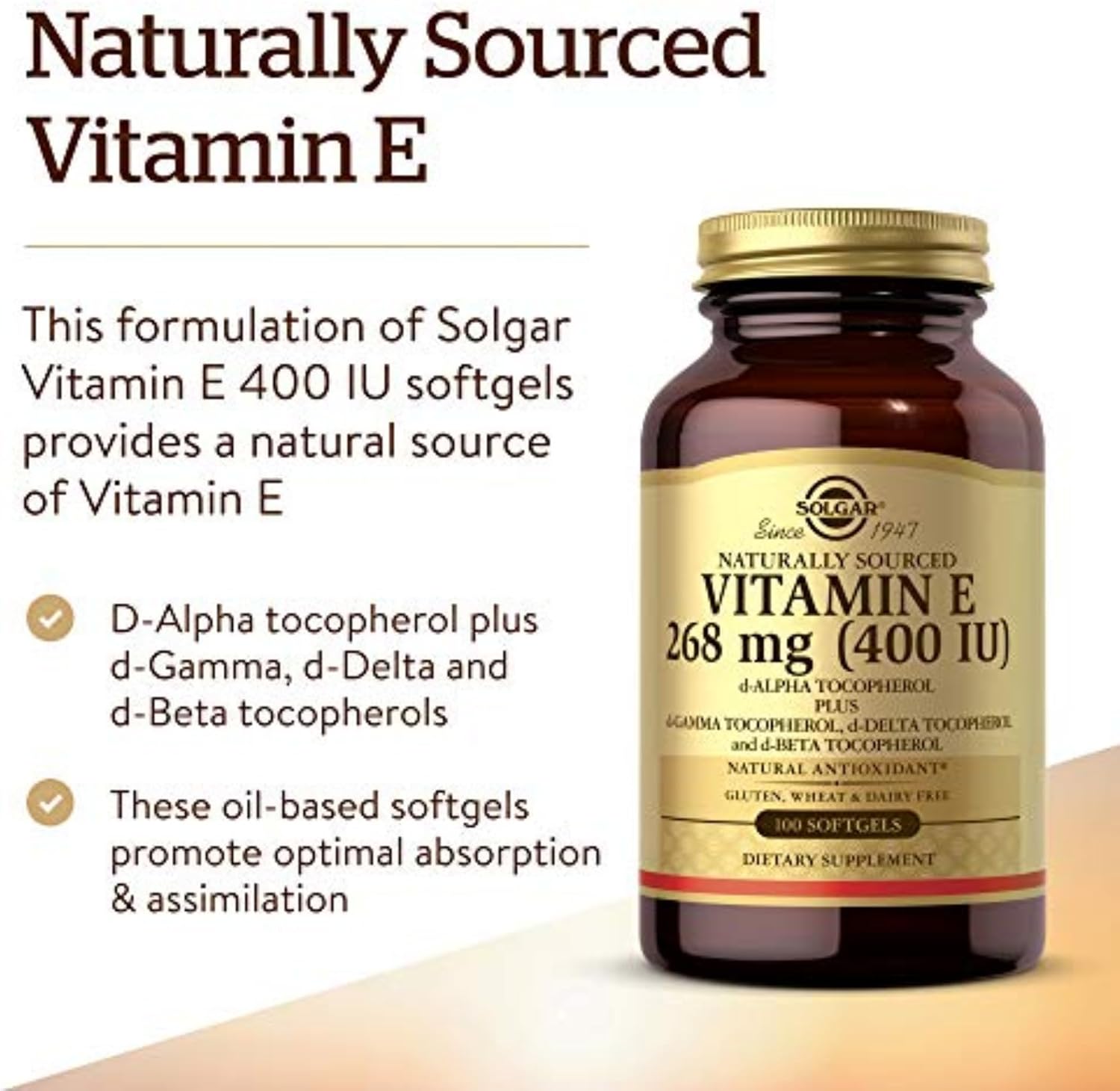 Solgar Vitamin E 268 mg (400 IU) with Mixed Tocopherols, 100 Softgels - Natural Antioxidant for Immune and Skin Support
