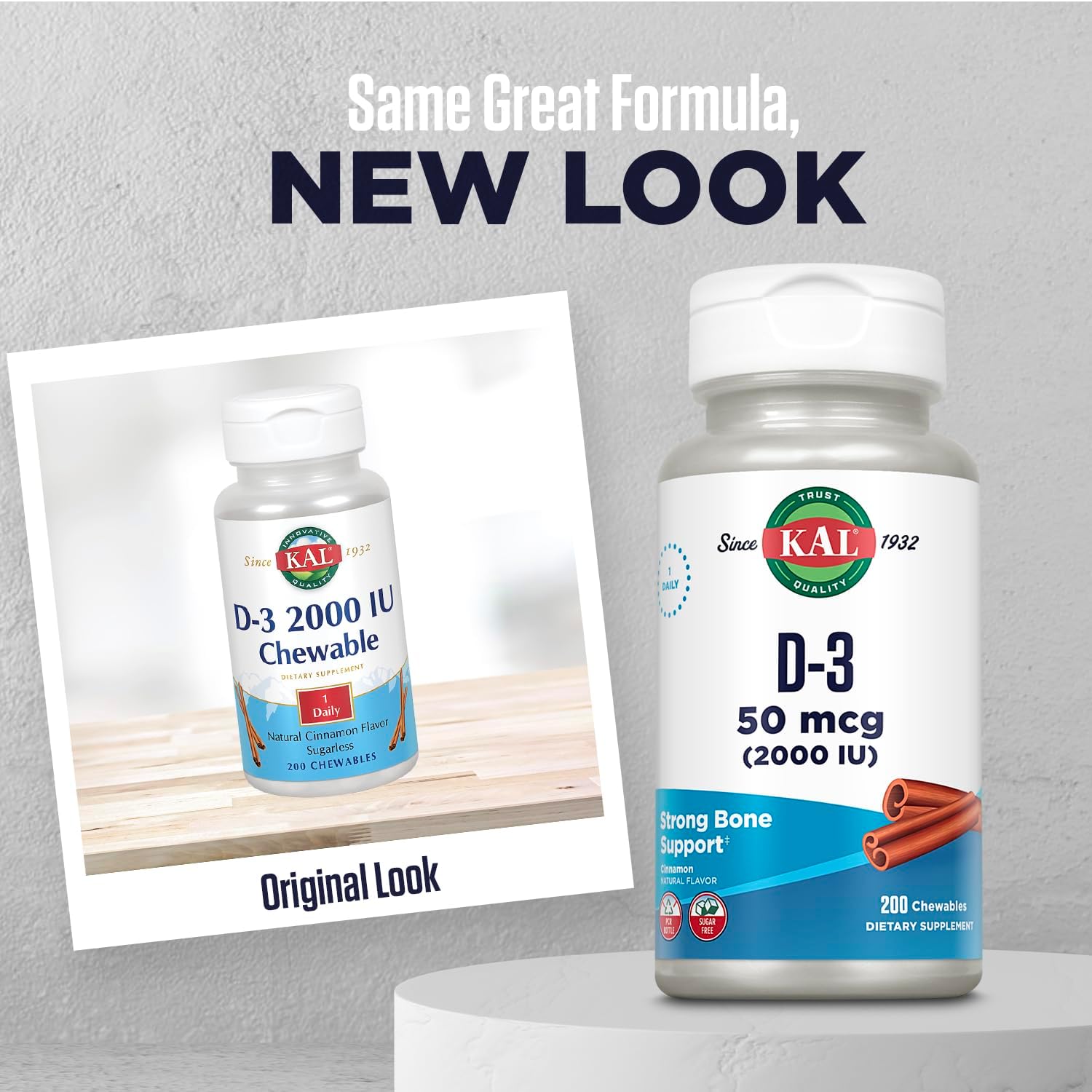 KAL Vitamin D3 Chewables - 2000 IU (50 mcg) - Sugar Free Natural Cinnamon Flavour - 200 Chewable Tablets