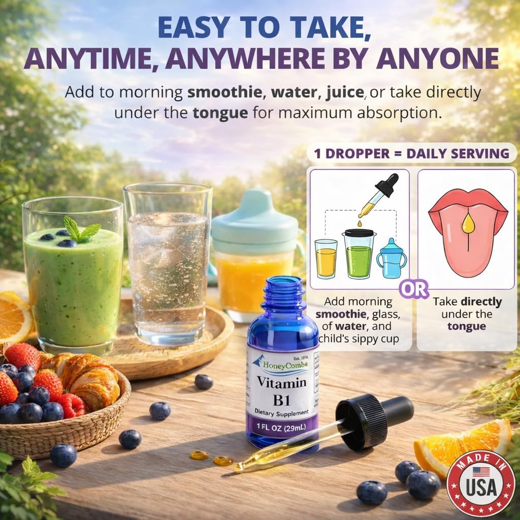 Vitamin B1 (Thiamine) Drops - High Potency Liquid - Vegan, Alcohol-Free, Non-GMO - Supports Energy, Digestion & Nervous System, 30 mL