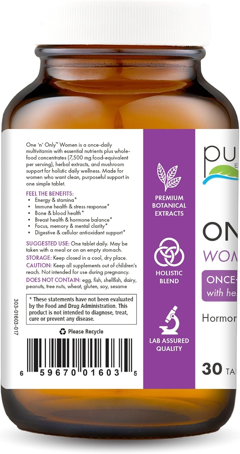 PURE ESSENCE LABS One N Only Multivitamin for Women, Natural Once-Daily Herbal Supplement with Vitamin D3, B12, and Biotin with Whole Foods, 30 Tablets