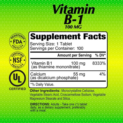 ALFA VITAMINS Vitamin B-1 (Thiamine) 100 mg, 100 Tablets