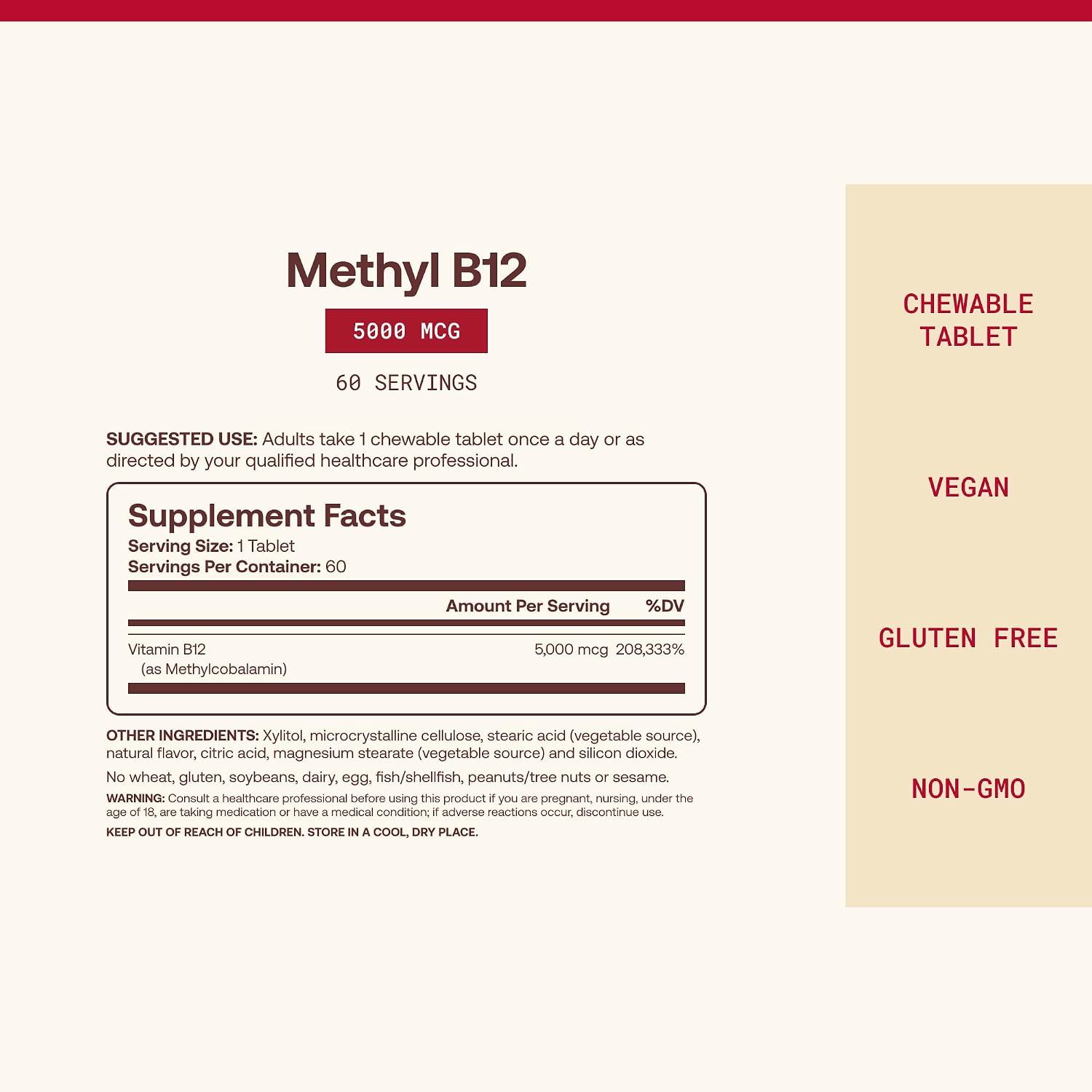 Jarrow Formulas Methyl Vitamin B12 5000 mcg - 60 Chewable Tablets, Naturally Fruit Flavoured