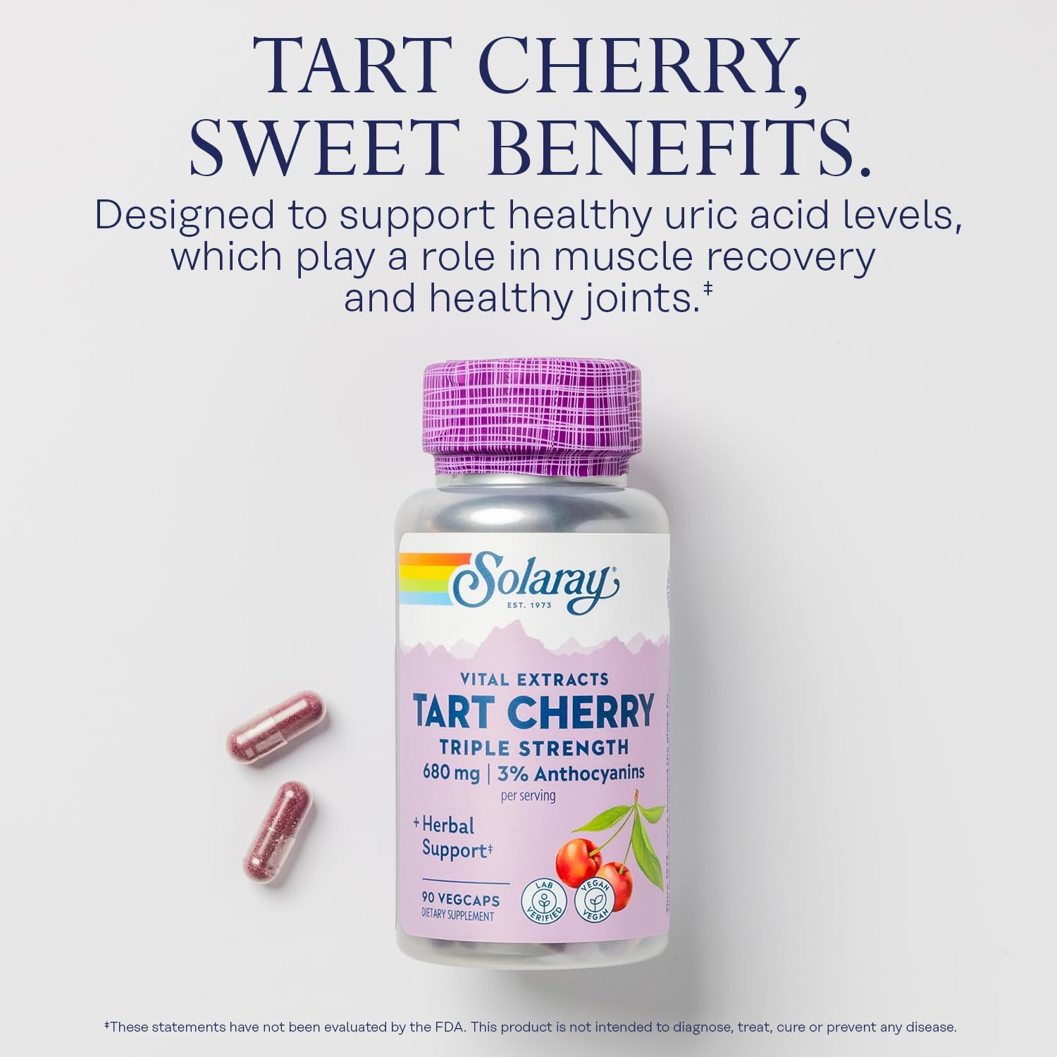 SOLARAY Triple Strength Tart Cherry Extract with 3% Anthocyanins – Tart Cherry Capsules for Healthy Uric Acid Levels and Muscle Recovery Support, Vegan, 60-Day Guarantee, 45 Servings, 90 VegCaps