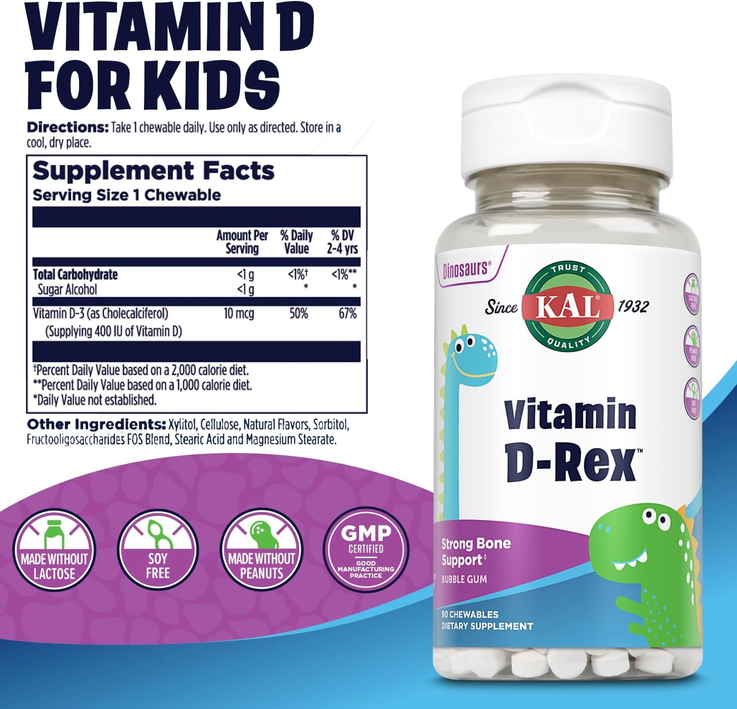 KAL Vitamin D-Rex Chewable - Children's Vitamin D3 400 IU, Bubble Gum Flavour, 90 Chewables