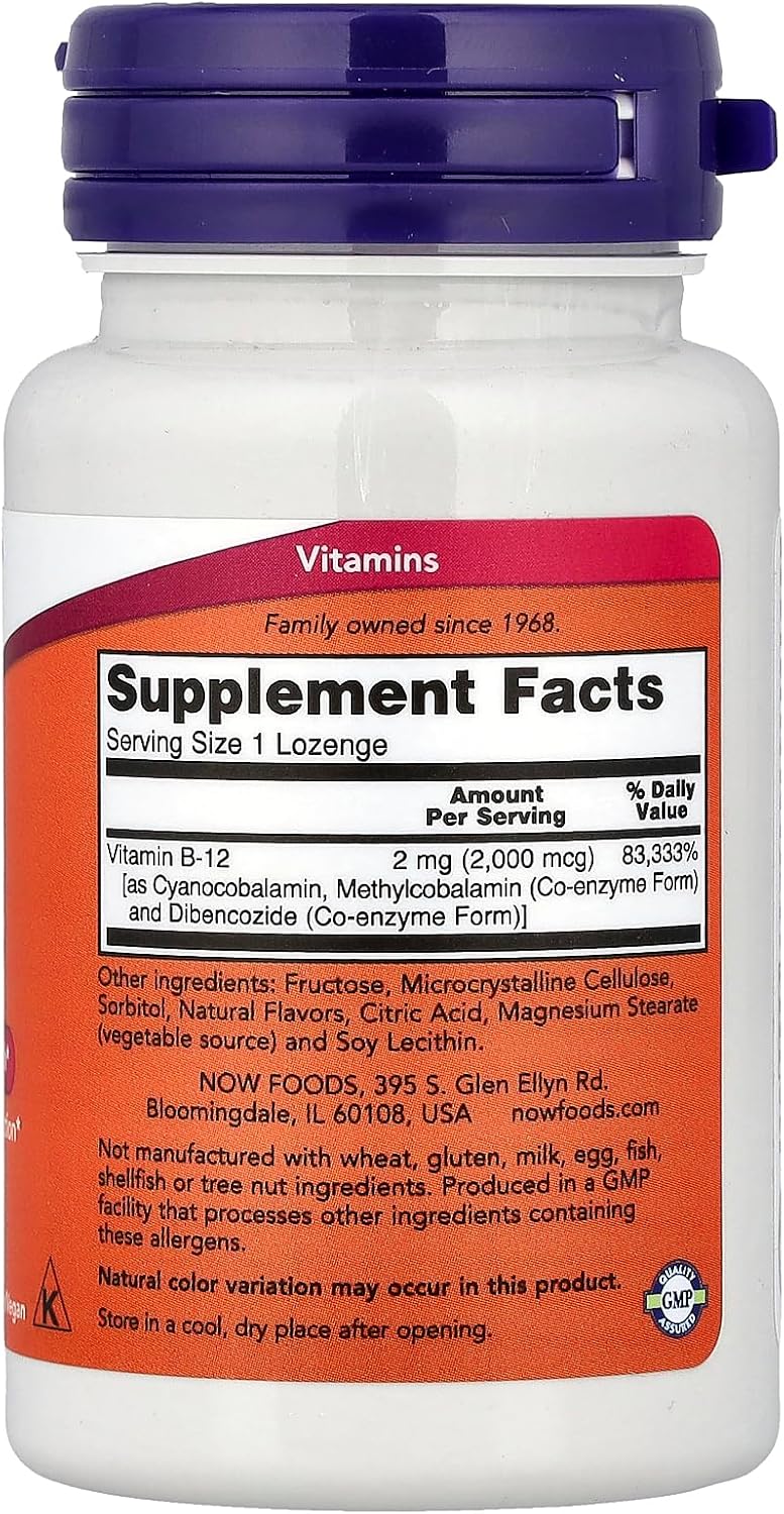 NOW Foods Vitamin B-12 2000 mcg Lozenges, 100 Lozenges (Pack of 2)